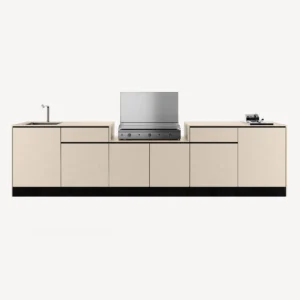 Cuisine extérieur avec plancha à poser friteuse encastré intégré évier et mitigeur