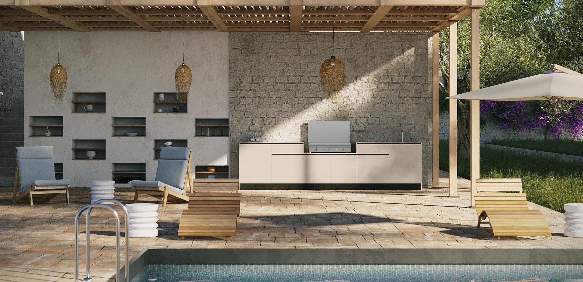 Cuisine d'été extérieur pergola terrasse plancha à poser céramique piscine