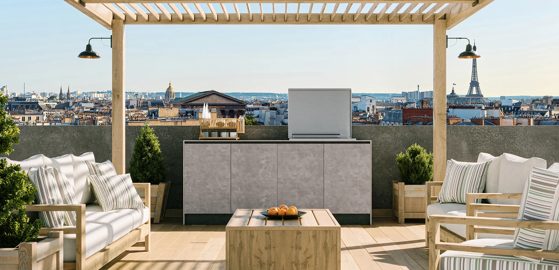 Cuisine d'été extérieur terrasse balcon plancha encastrée béton bois céramique