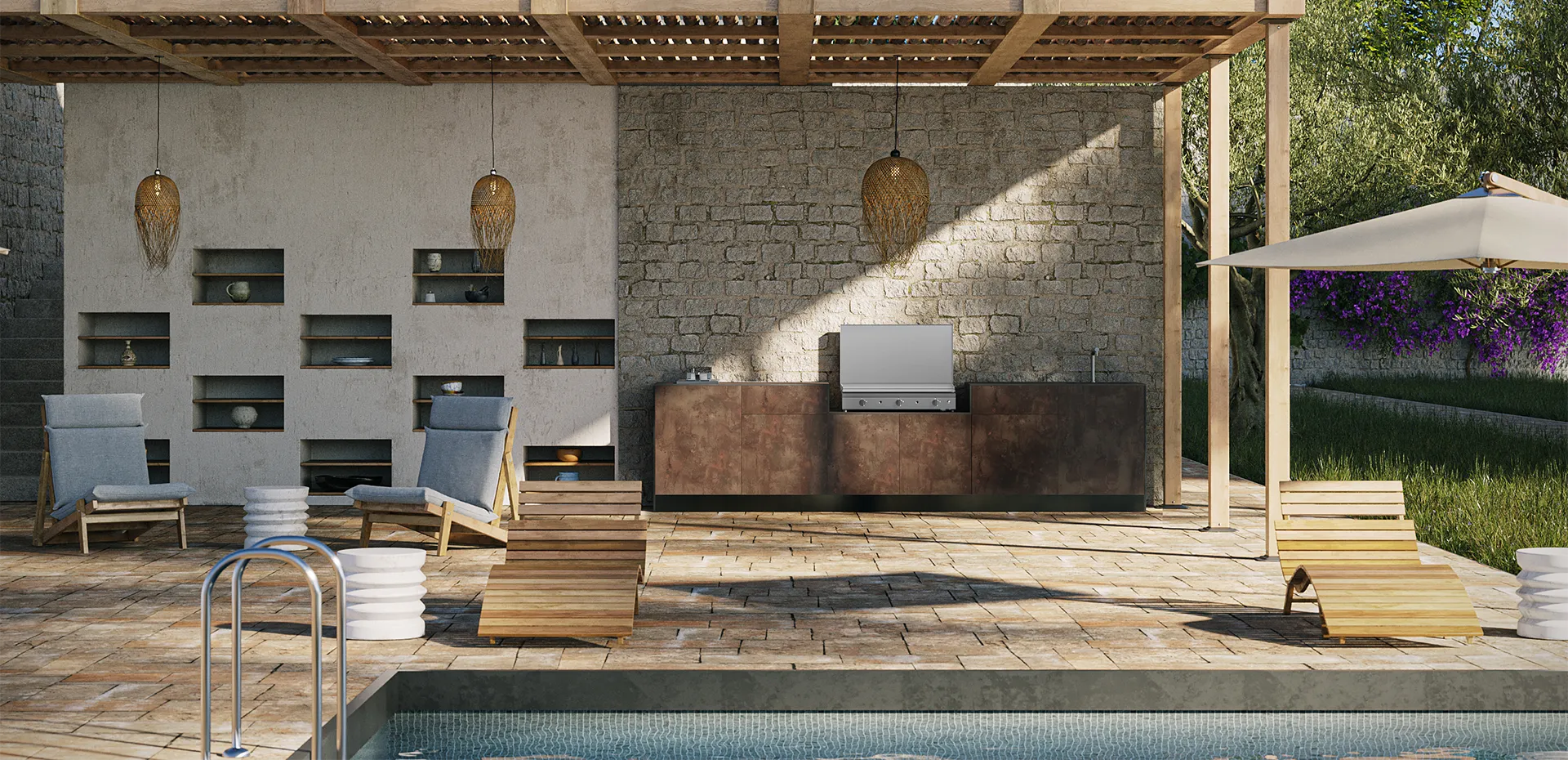 Cuisine d'été extérieur pergola terrasse plancha à poser compact piscine