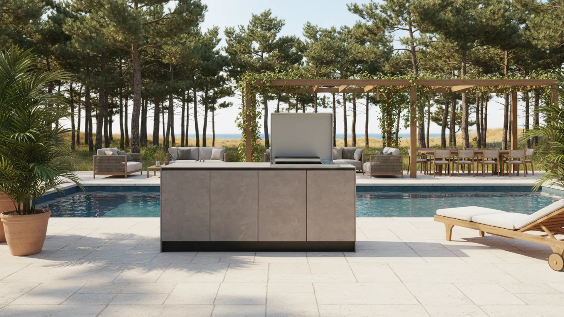 cuisine d'été extérieur pinede avec plancha encastré intégré landes plage villa littoral pins piscine nouvelle aquitaine