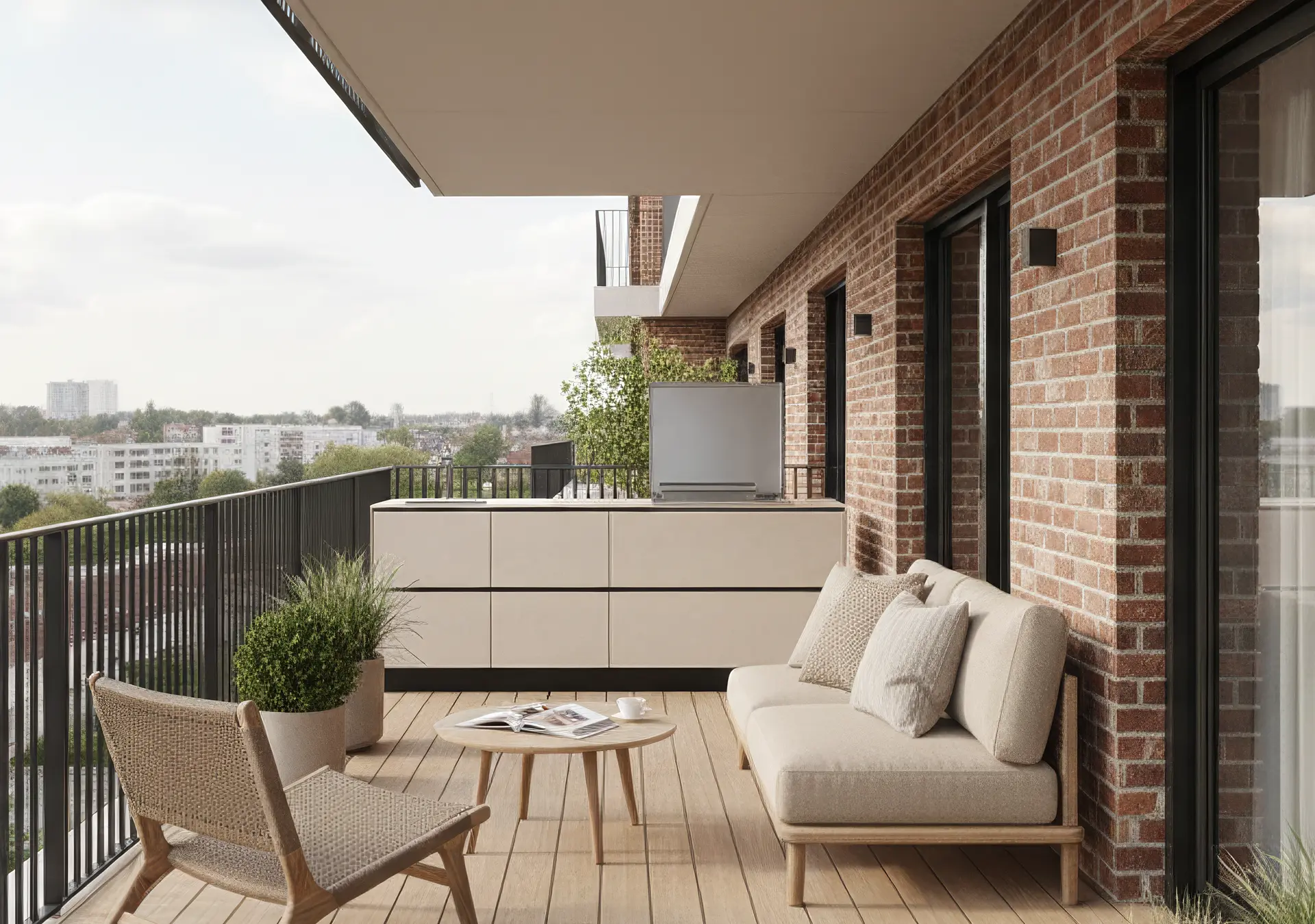 cuisine extérieure été cuisinedété avec plancha encastré intégré balcon terrasse Rennes Jeanne d'Arc Île et Vilaine canapé fauteuil vue dégagé