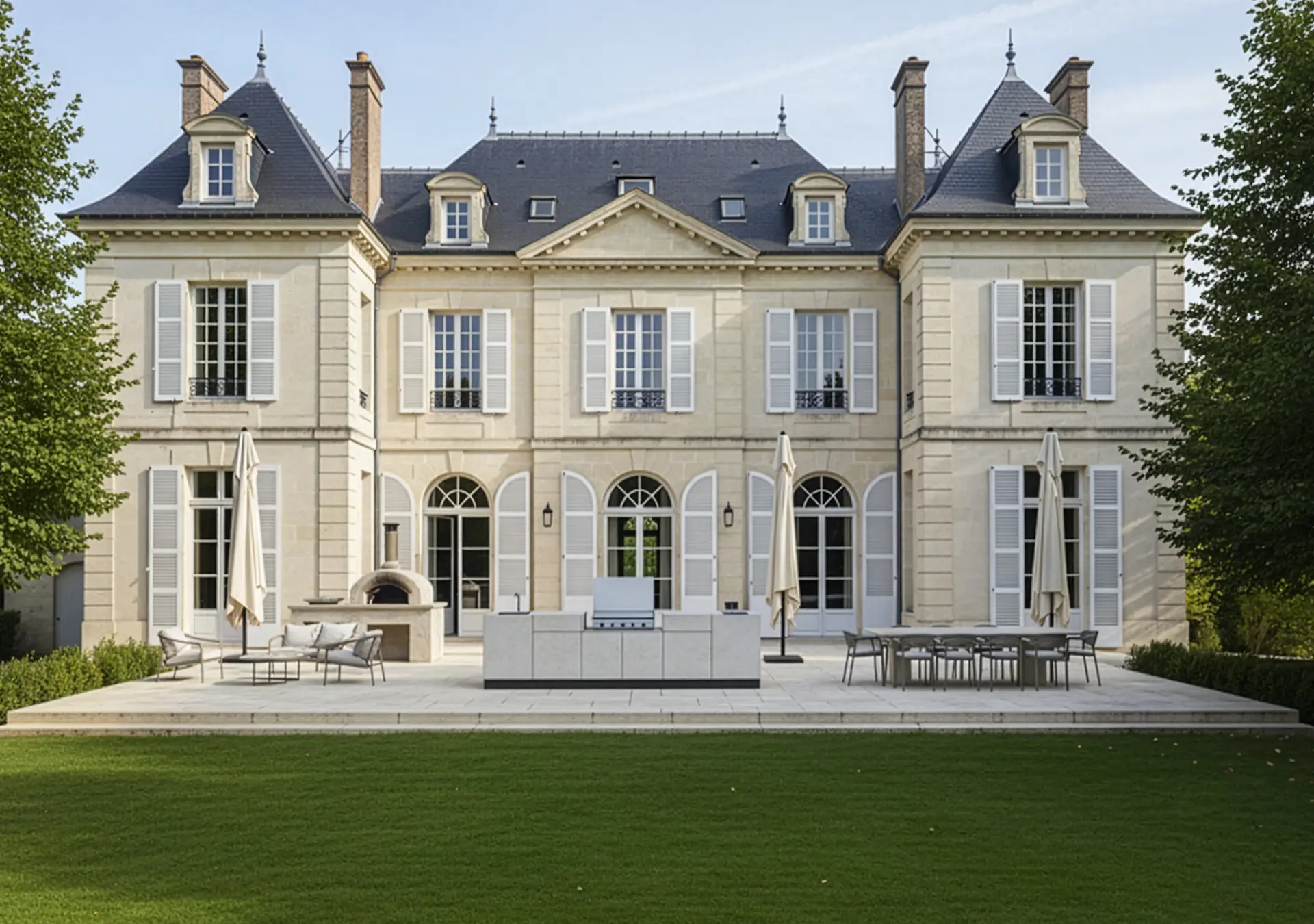 cuisine extérieure été cuisinedété avec plancha à poser friteuse encastré mitigeur évier inox terrasse château Pays de la Loire