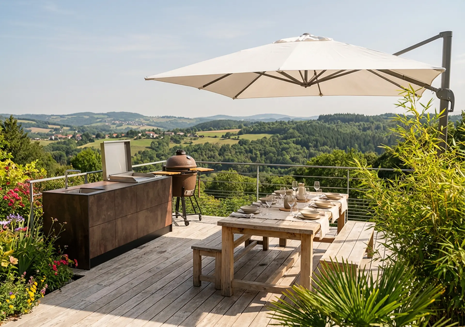 cuisine extérieure été cuisinedété avec plancha intégré mitigeur évier inox terrasse Auvergne Clermont Ferrand