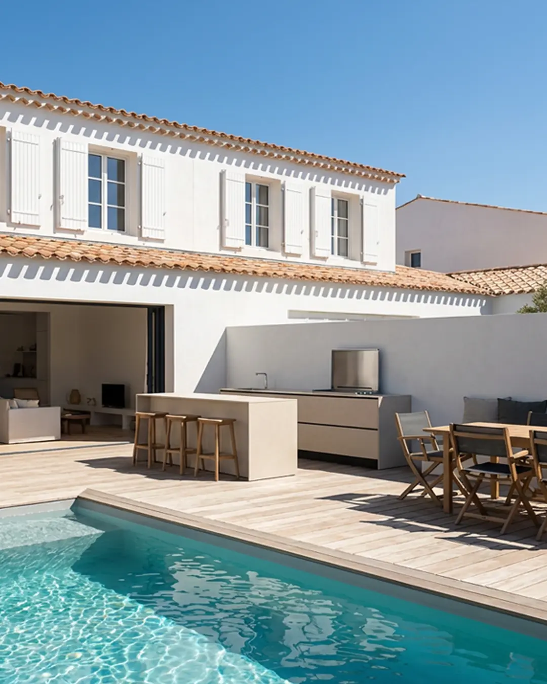 cuisine extérieure cuisinedété avec plancha encastré intégré évier mitigeur comptoir bar extérieur terrasse villa La Rochelle Charente Maritime Nouvelle Aquitaine