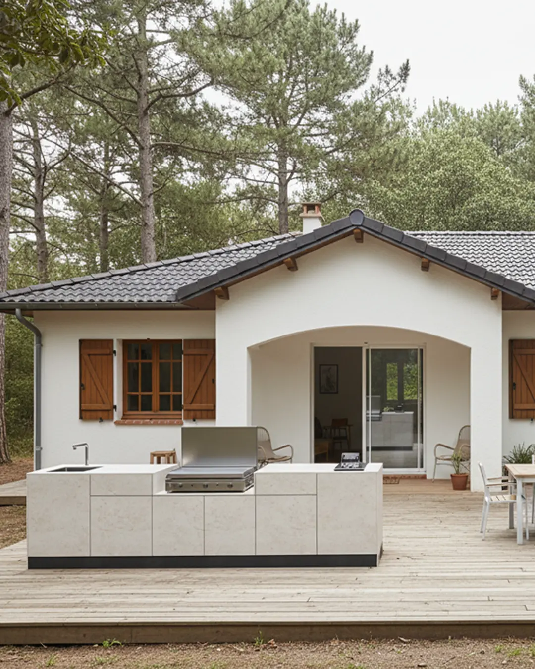 cuisine extérieure été cuisinedété avec plancha à poser évier mitigeur friteuse terrasse villa basque landais Landes pins