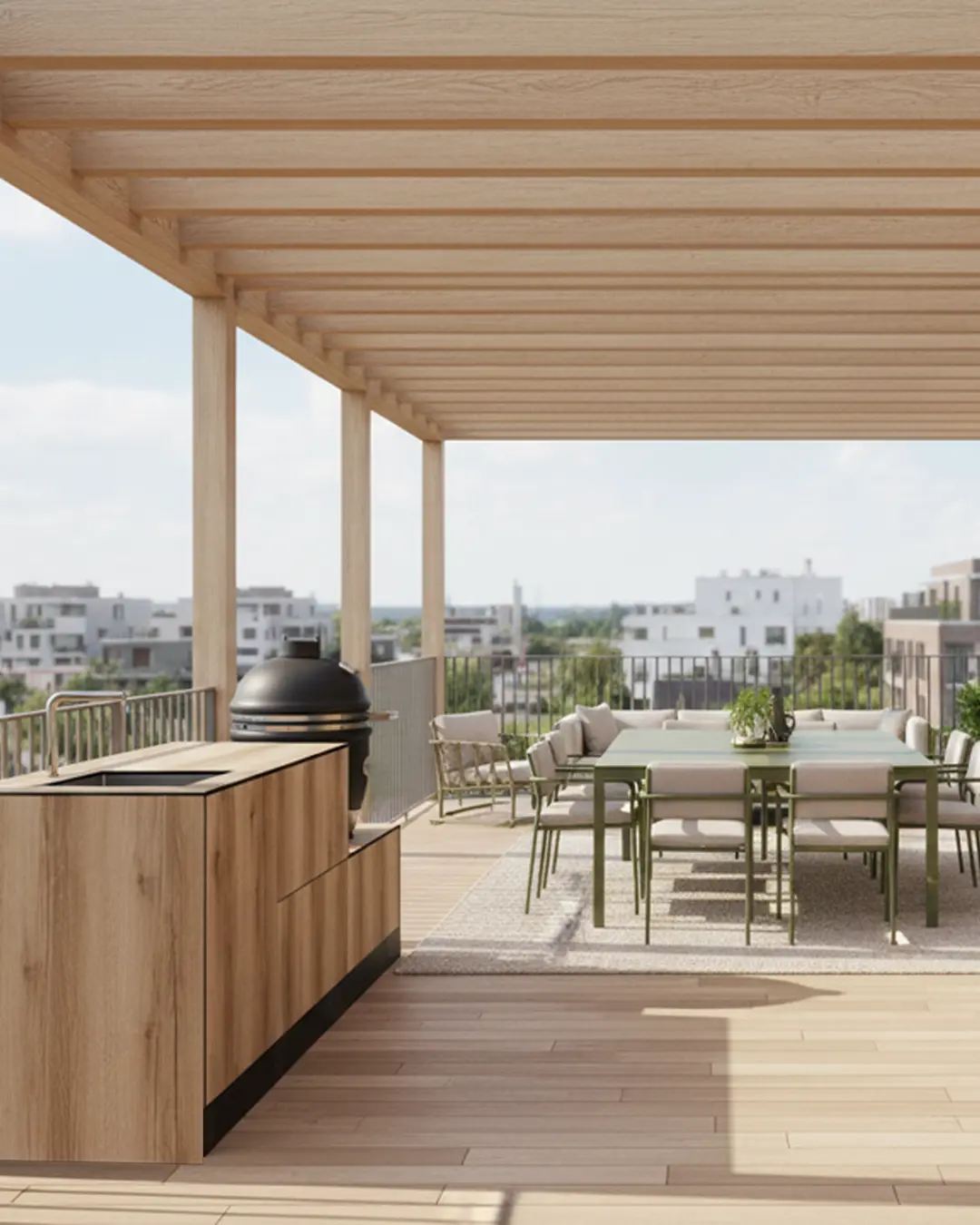 cuisine d'extérieur cuisinedété avec kamado grill BBQ barbecue japonais évier mitigeur inox rooftop terrasse nantes Loire-Atlantique pergola bois