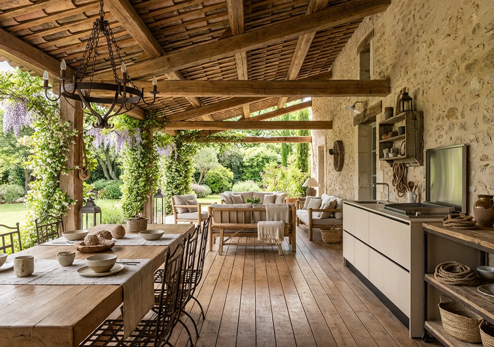 cuisine extérieure avec plancha encastré intégré évier mitigeur inox terrasse maison campagne couverte sous toit Cognac Charente Nouvelle Aquitaine