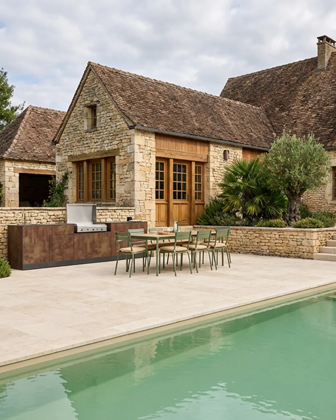 cuisine extérieure avec plancha à poser évier mitigeur inox terrasse maison campagne Dordogne Perigord Nouvelle Aquitaine