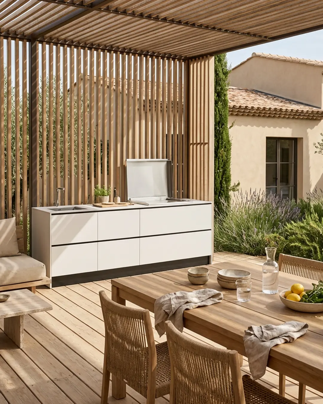 cuisinedété cuisine extérieur avec plancha encastré terrasse pergola en bois provençal Aix en Provence Bouches du Rhône