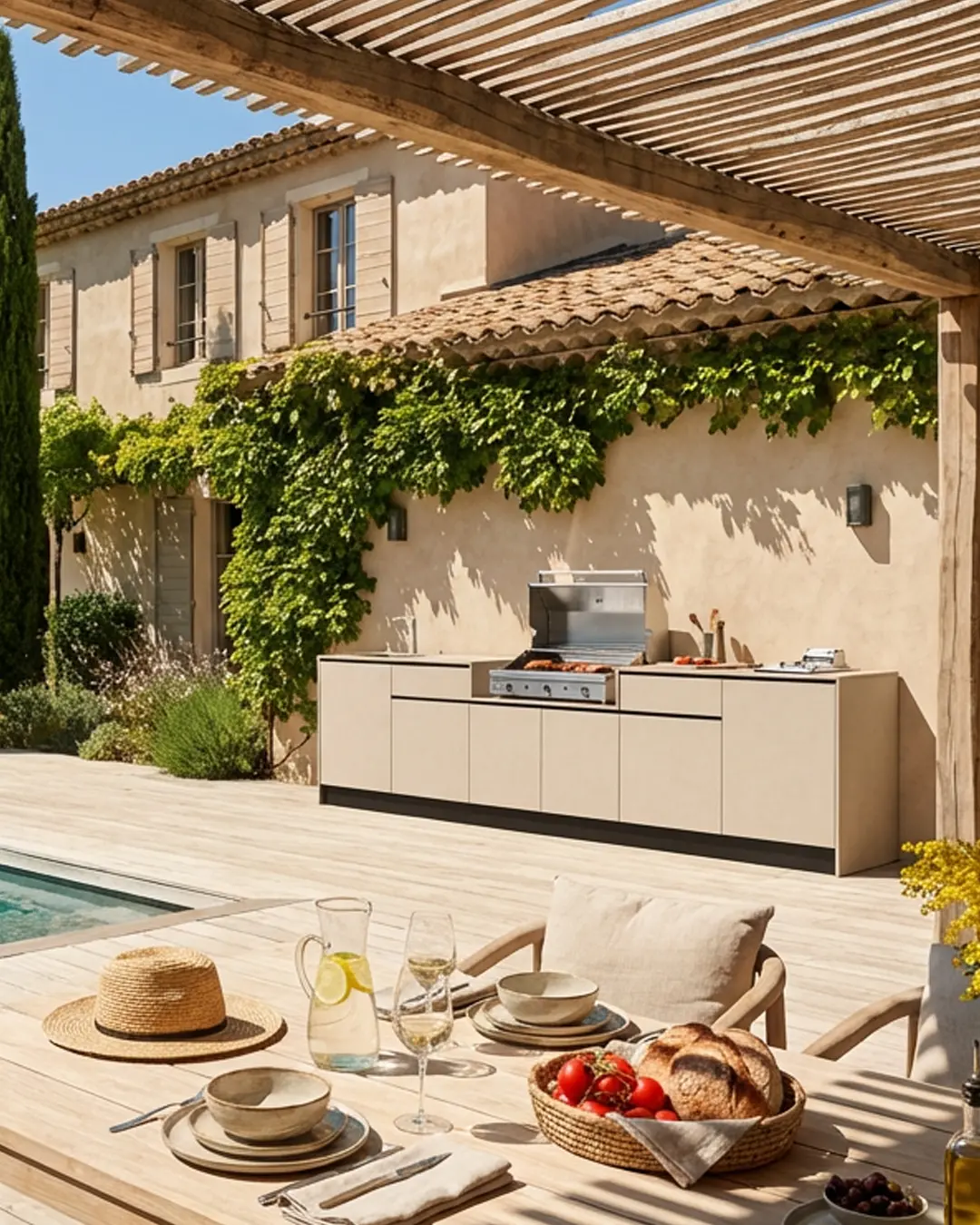 cuisinedété cuisine d'extérieur avec plancha à poser friteuse terrasse table à manger extérieure chaises piscine Aix en Provence Bouches du Rhône