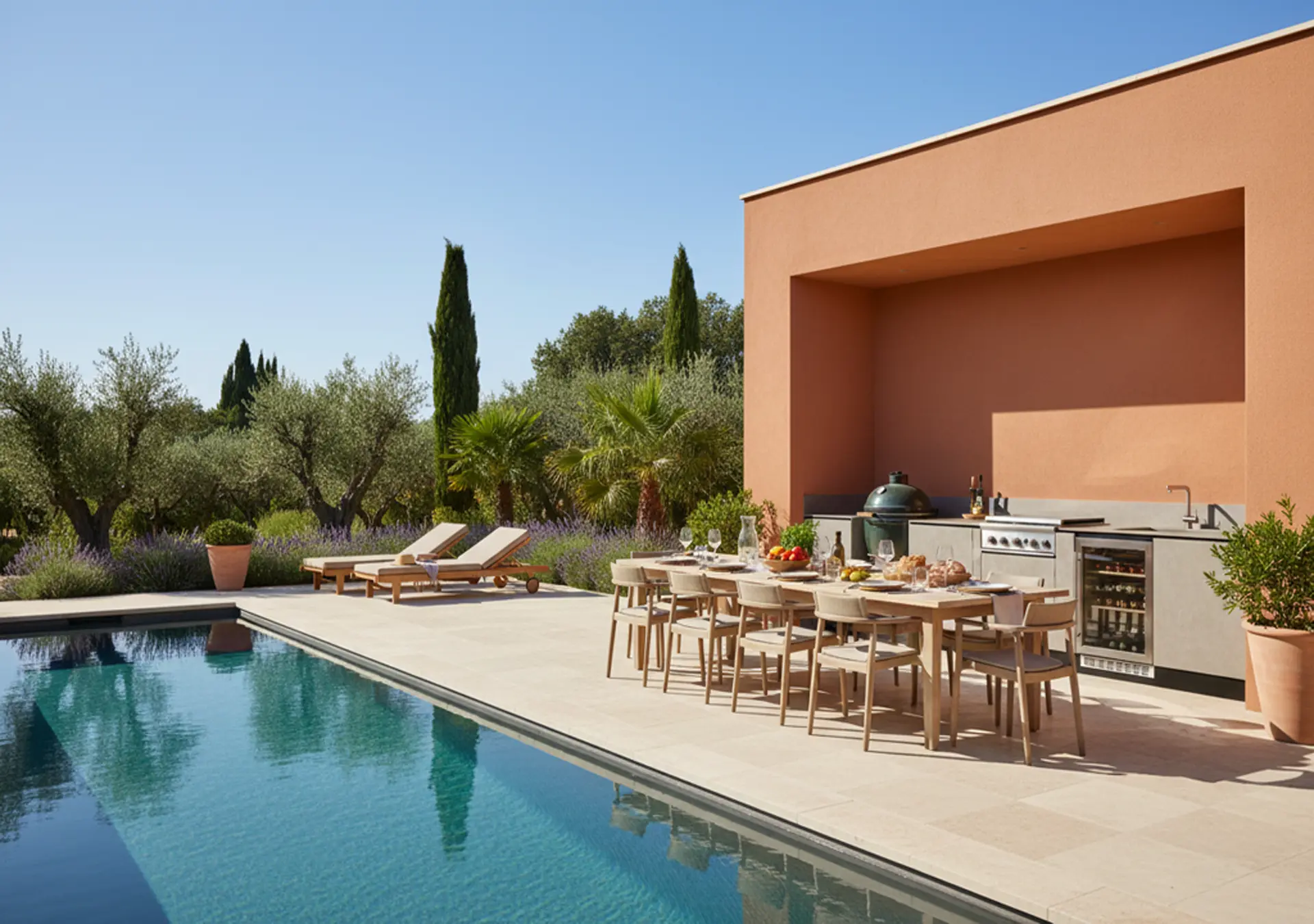 cuisine extérieure cuisinedété avec plancha kamado frigo pool house aménagement extérieur Aix en Provence Bouches du Rhône