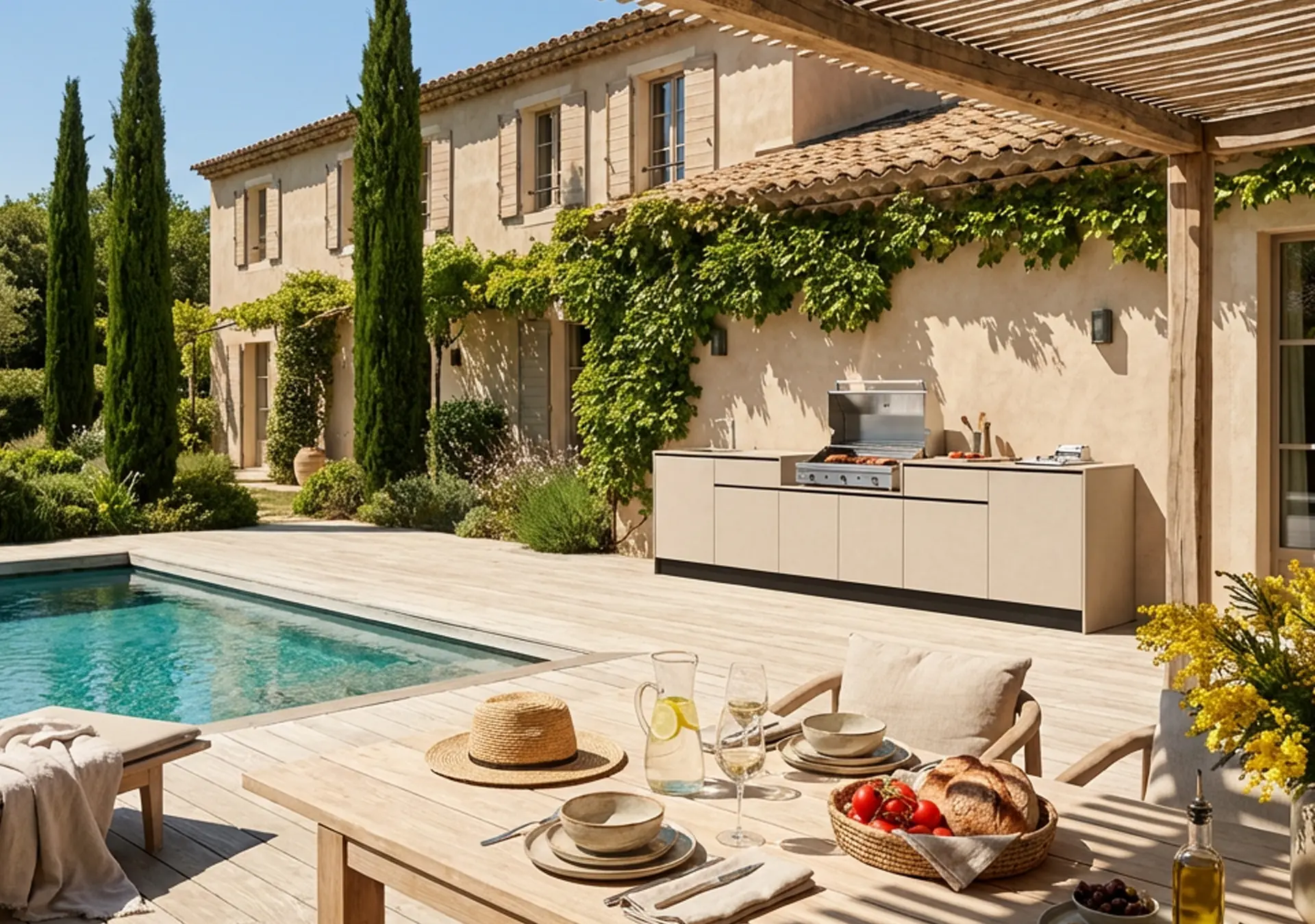 cuisinedété cuisine d'extérieur avec plancha à poser friteuse terrasse table à manger extérieure chaises piscine Aix en Provence Bouches du Rhône