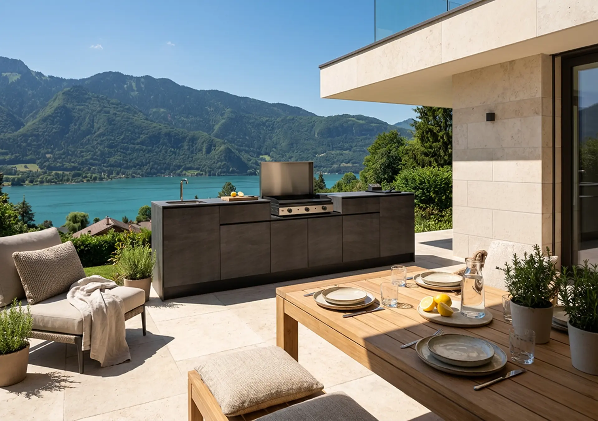cuisine extérieure avec plancha à poser intégré évier mitigeur friteuse encastré terrasse vue lac table à manger Annecy Haute-Savoie