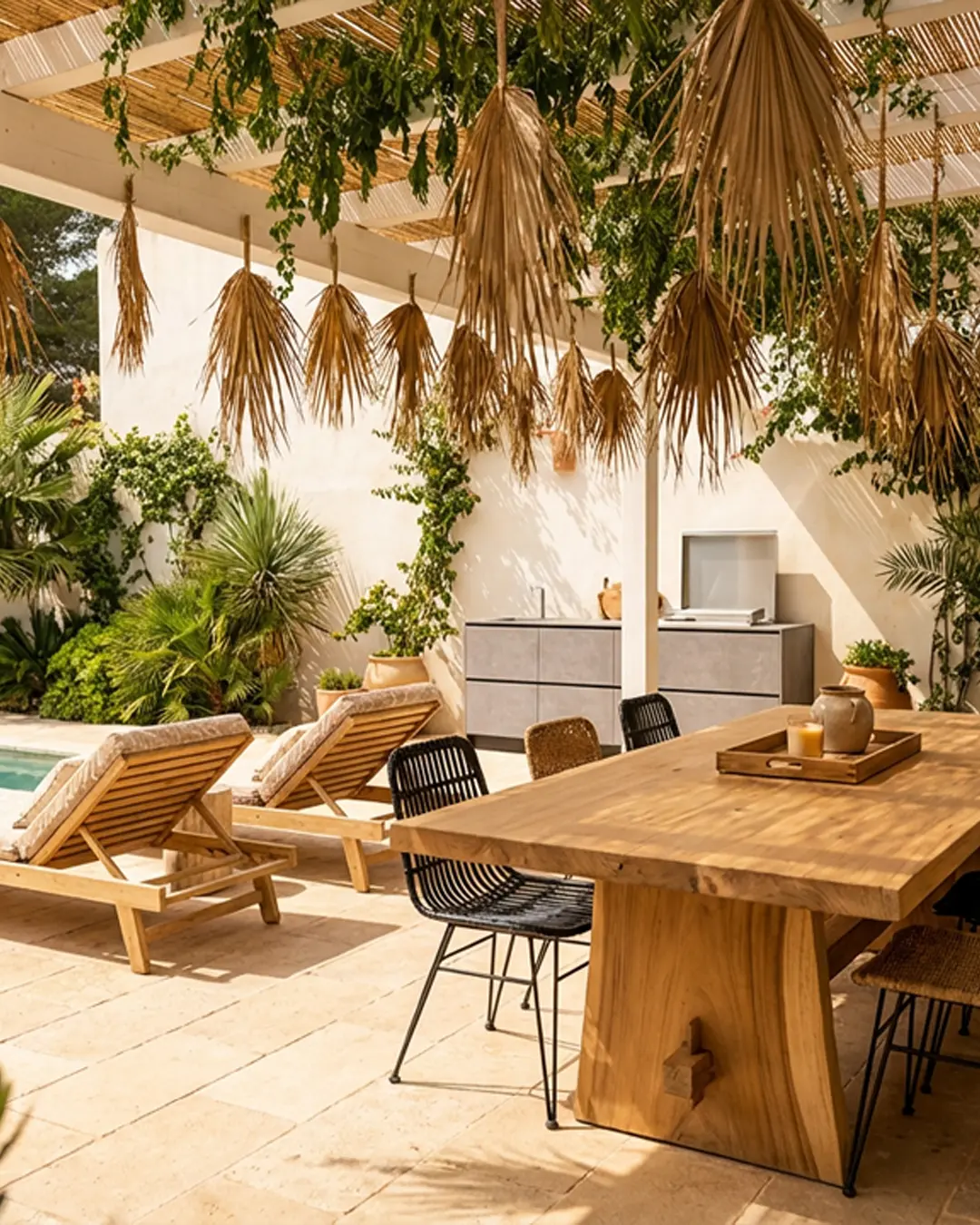 cuisine d'extérieur avec plancha encatré intégré évier mitigeur pergola sous toit couvert terasse table à manger transat piscine Marseille Bouches du Rhône