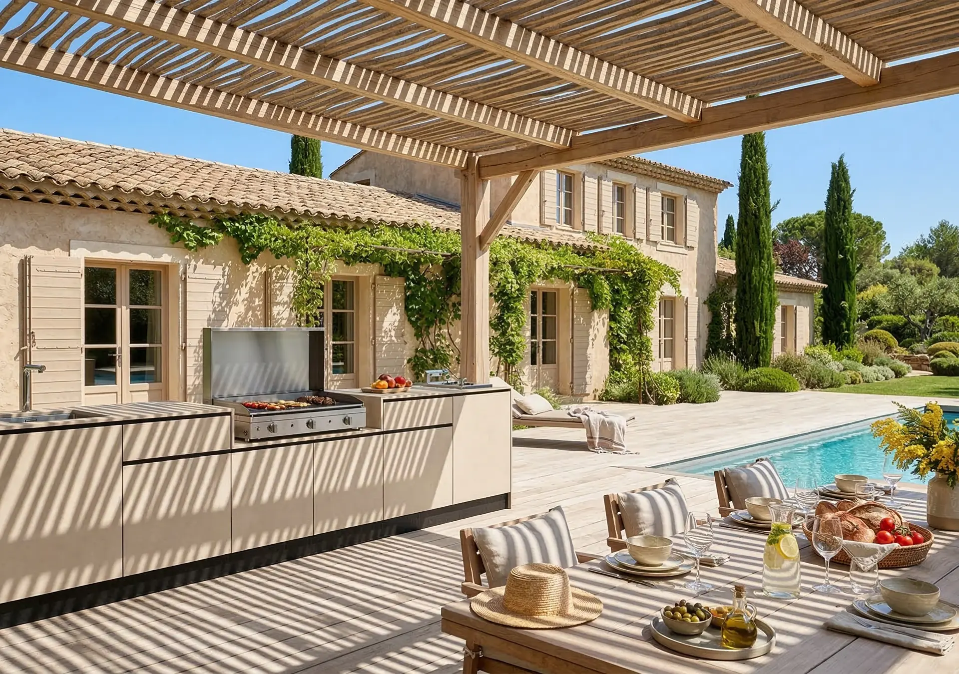 cuisinedété cuisine d'extérieur avec plancha à poser friteuse terrasse couvert sous toit pergola table à manger extérieure chaises piscine Provence Alpes Côte d'Azur