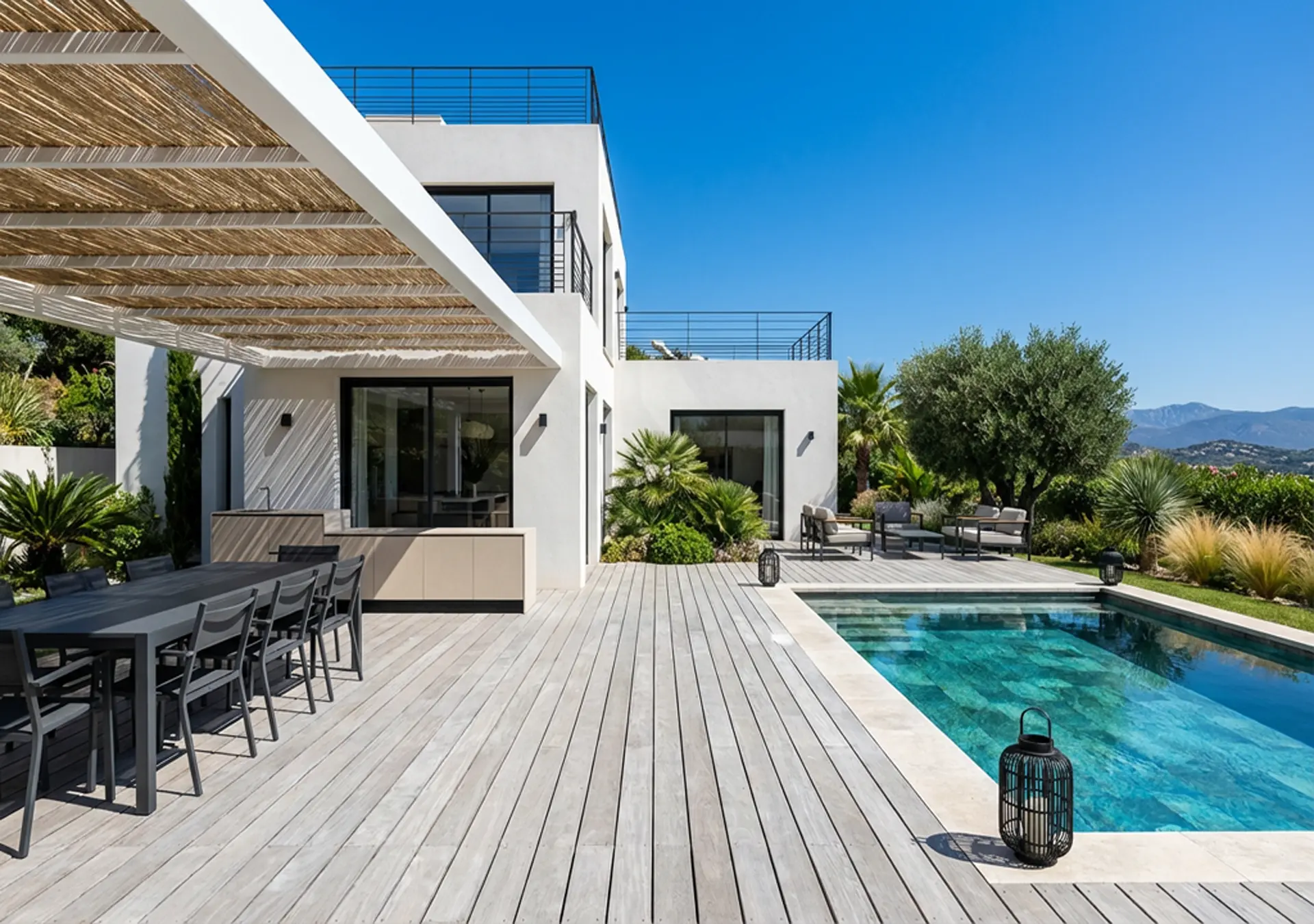 cuisinedété extérieur avec évier mitigeur pisicine terrasse pergola villa Nice Alpes Maritimes