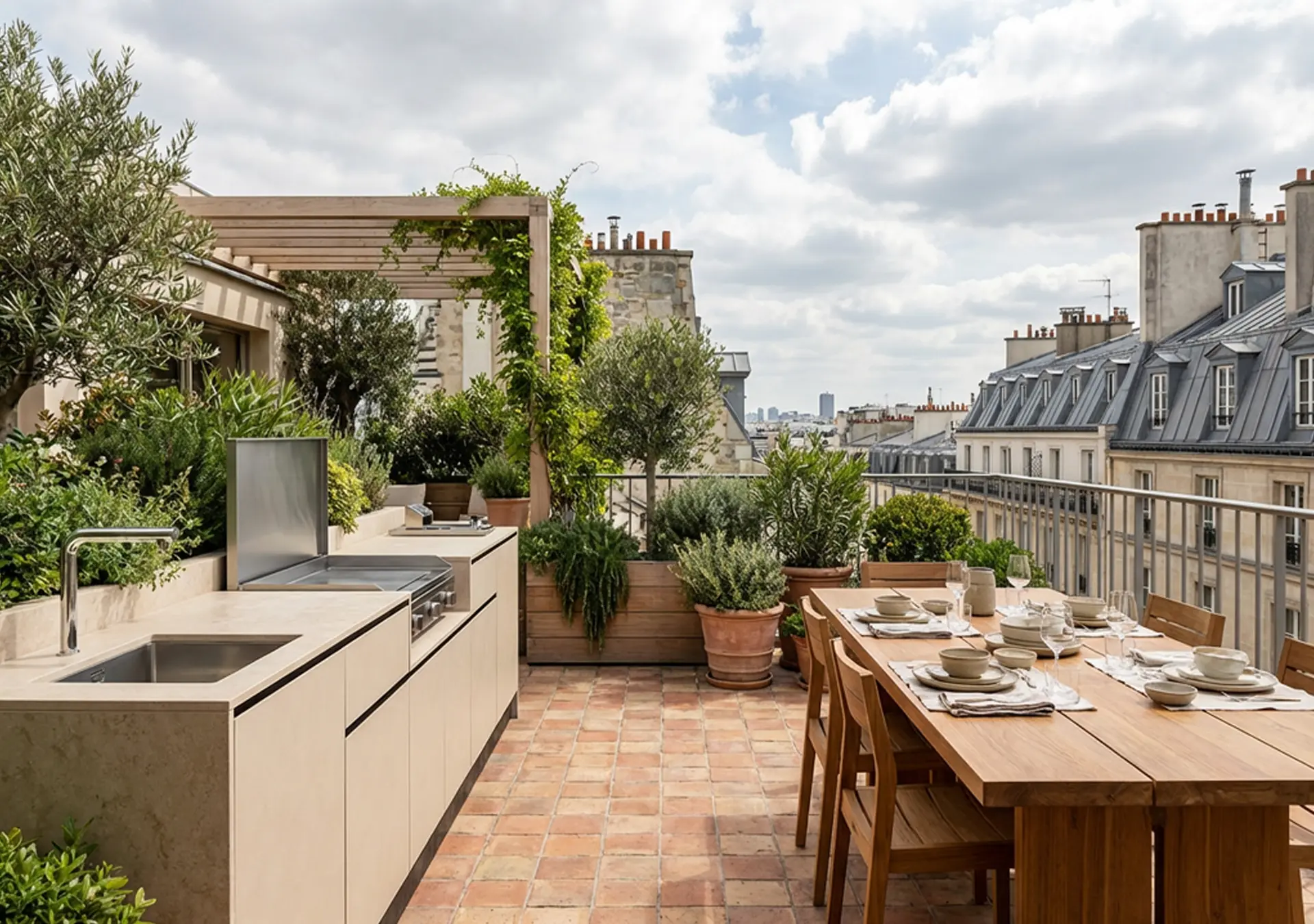 cuisine extérieure complète cuisinedété avec plancha à poser friteuse encastré évier mitigeur terrasse rooftop Paris Ile de France