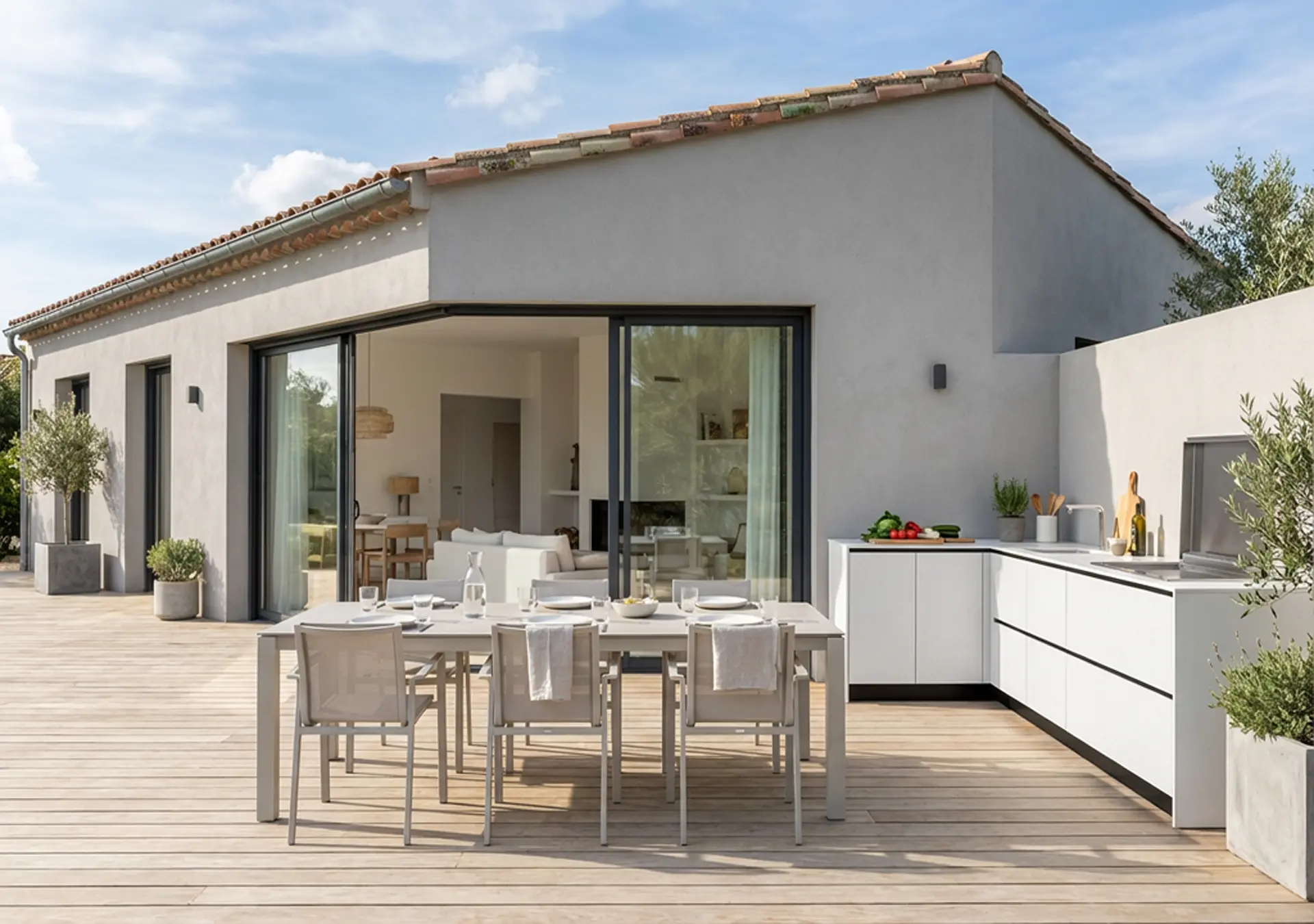cuisine d'été extérieur en L angle avec plancha à encastré intégré mitigeur inox terrasse Pau Pyrénées Orientales