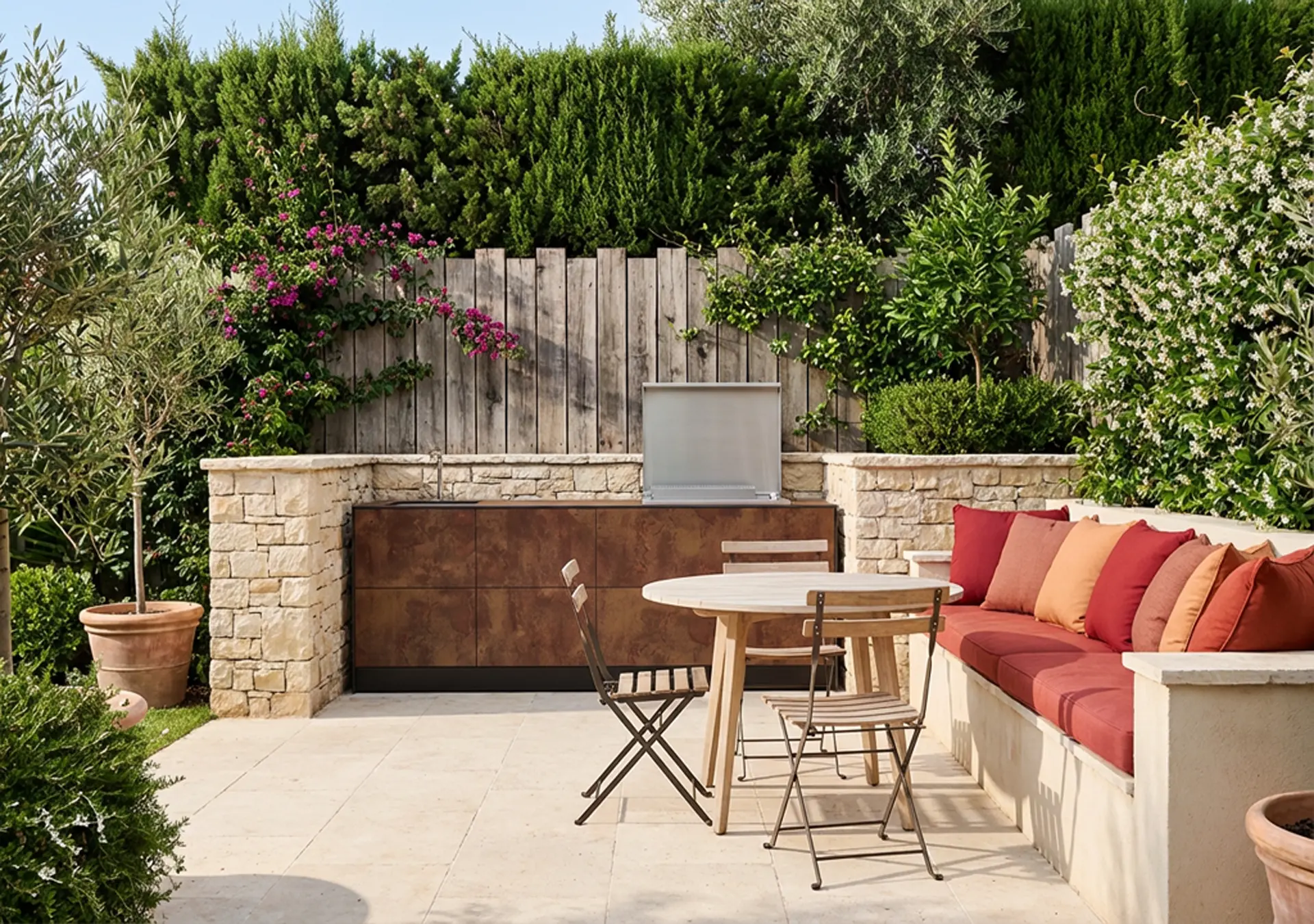 cuisine d'extérieur avec plancha encastré évier mitigeur inox haut de gamme vue de haut terrasse Royan Charente Maritime Nouvelle Aquitaine