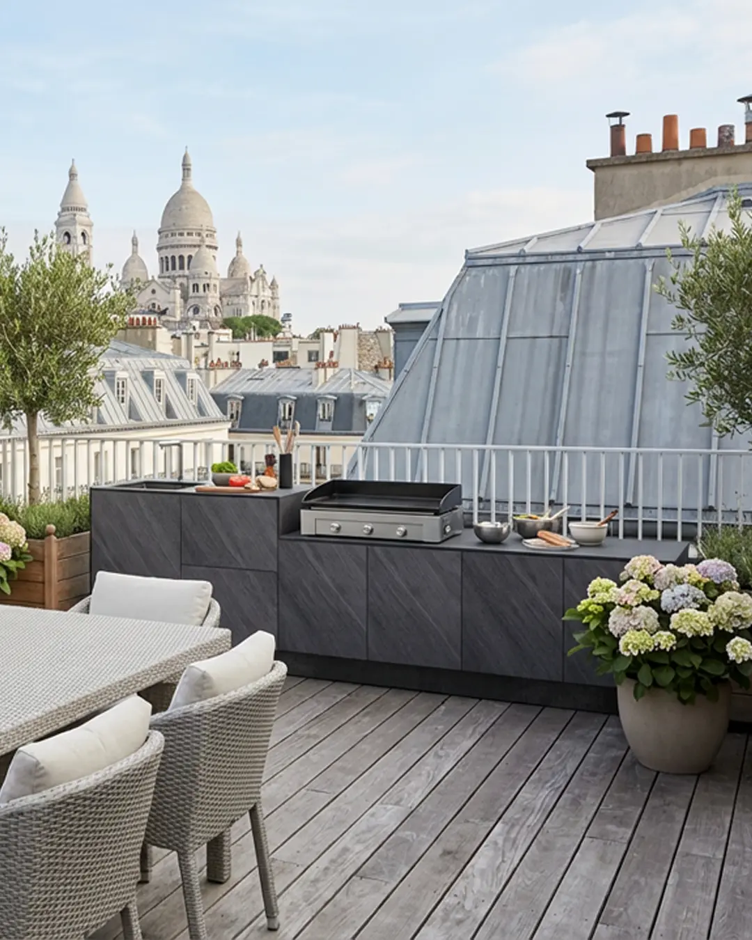 cuisine d'extérieur complète cuisinedété avec plancha à poser évier mitigeur terrasse rooftop Paris Ile de France