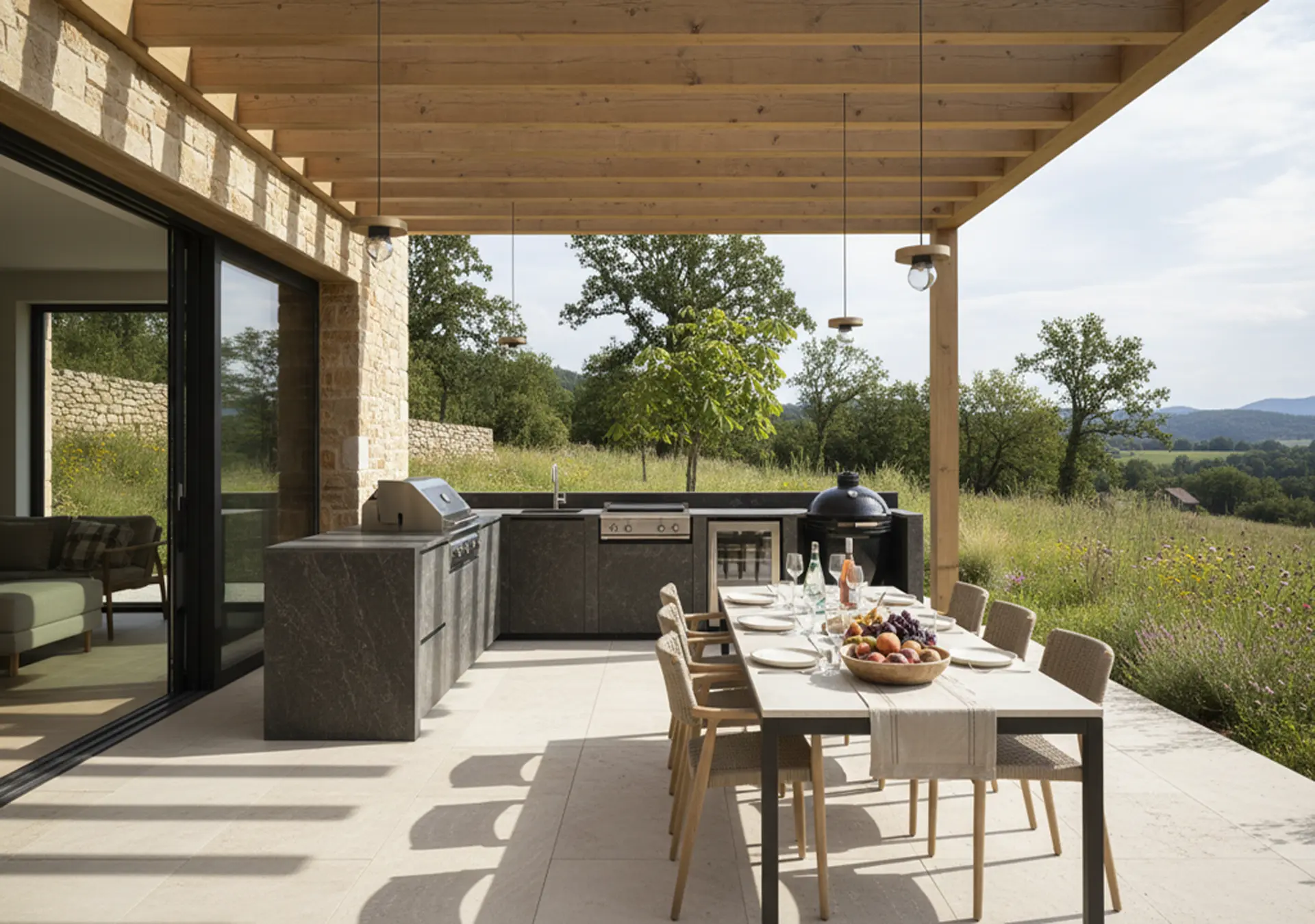 cuisinedété cuisine extérieure agle avec barbecue plancha kamado évier mitigeur frigo réfrigérateur extérieur cave à vin