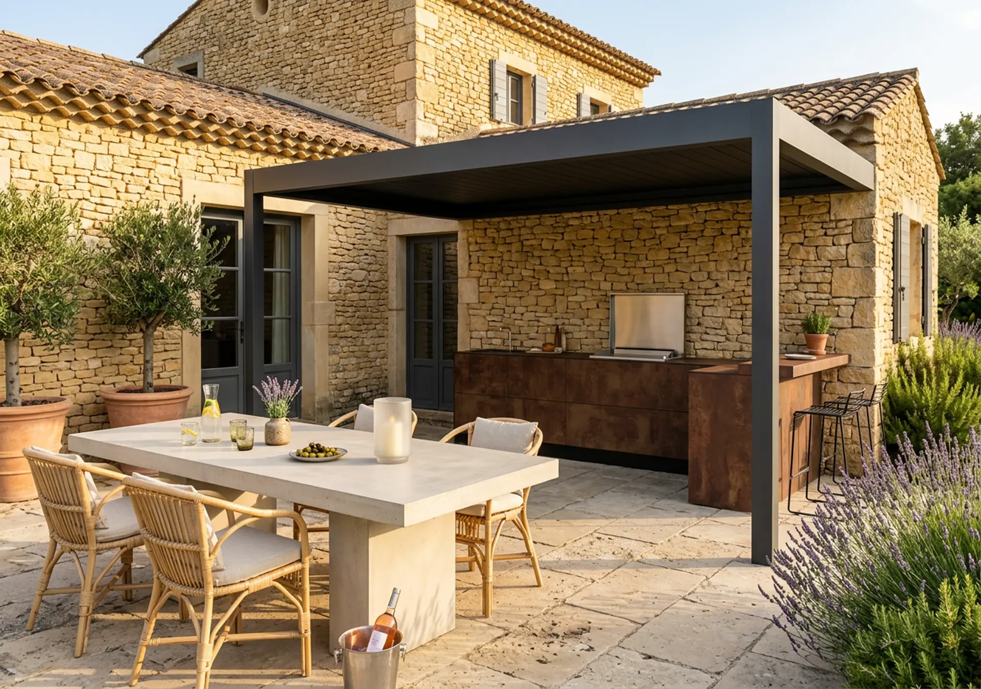 cuisinedété cuisine d'été extérieur en angle avec retour bar comptoir avec plancha carport