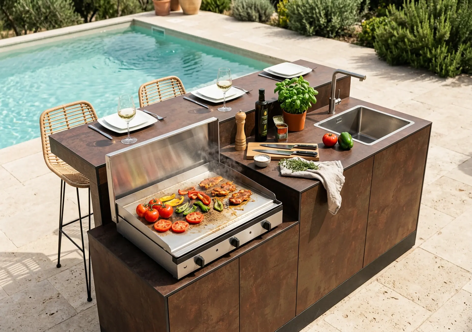 cuisinedété cuisine extérieur d'été avec plancha à poser évier mitigeur bar adossé surélevé terrasse piscine