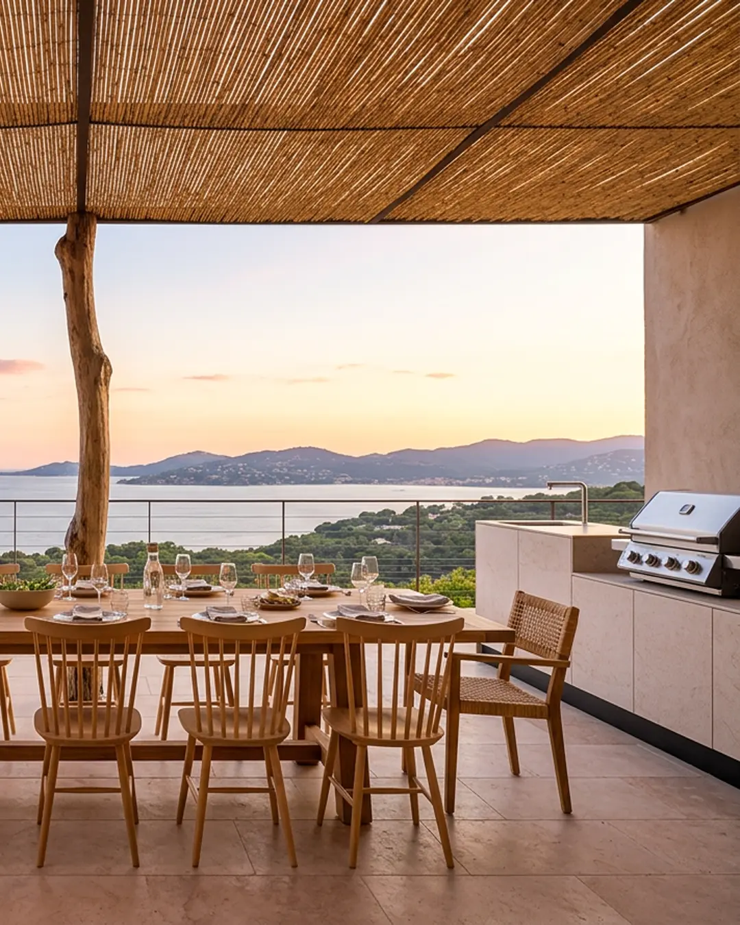 cuisinedété cuisined'été extérieur couverte sous pergola avec barbecue à gaz bbq terrasse vue mer Saint-Tropez Alpes Maritimes