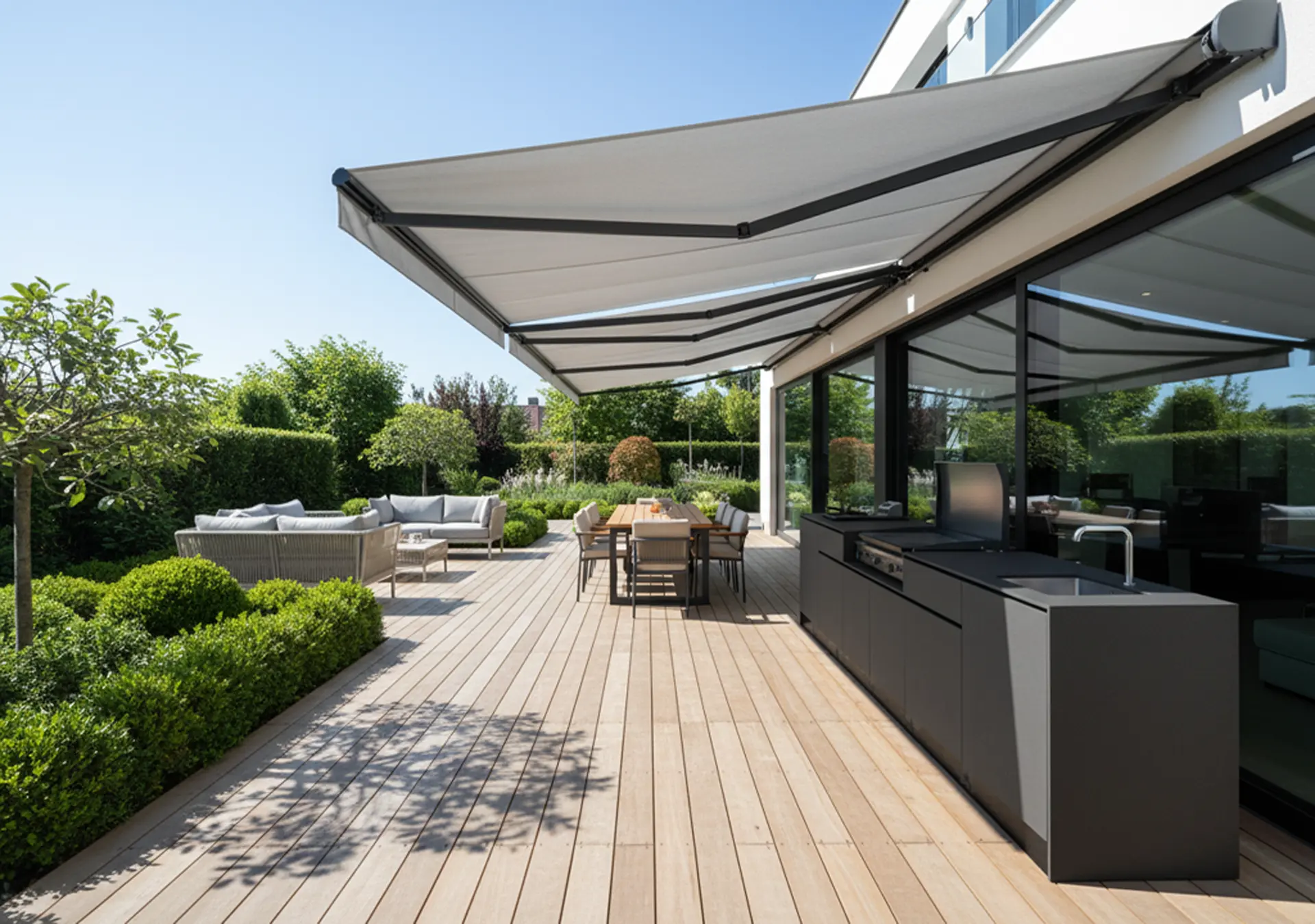 cuisine d'été extérieure couverte toile store plancha à poser mitigeur évier complète sur mesure nantes loire atlantique