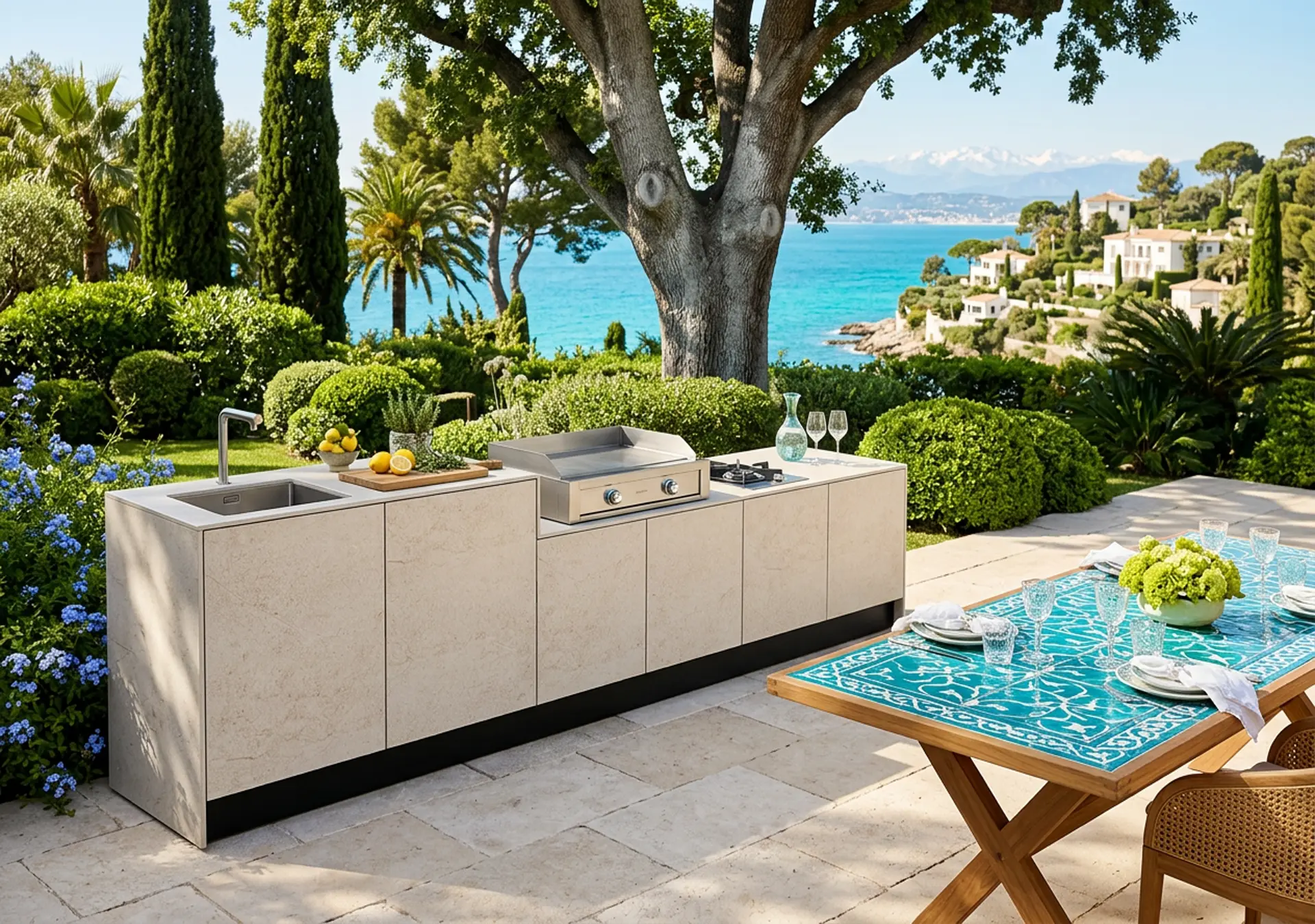 cuisinedété cuisine d'été extérieure avec plancha à poser évier mitigeur bruleur terrasse Antibes Alpes Maritimes