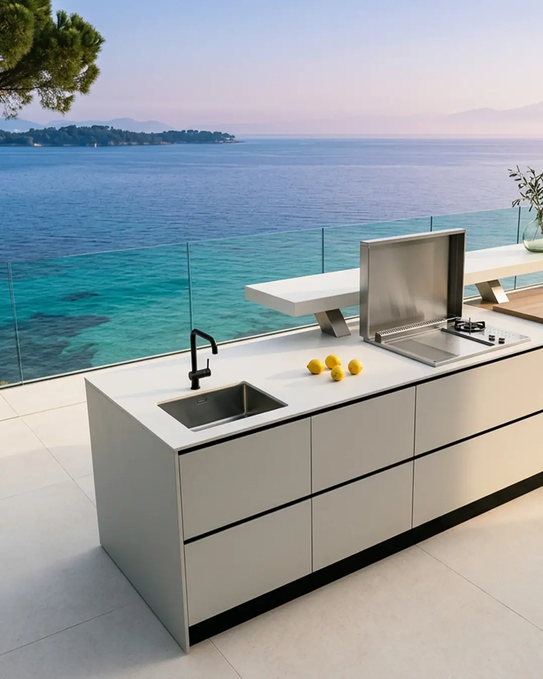 cuisinedété cuisine d'été extérieure avec plancha encastré terrasse vue mer Antibes Alpes Maritimes