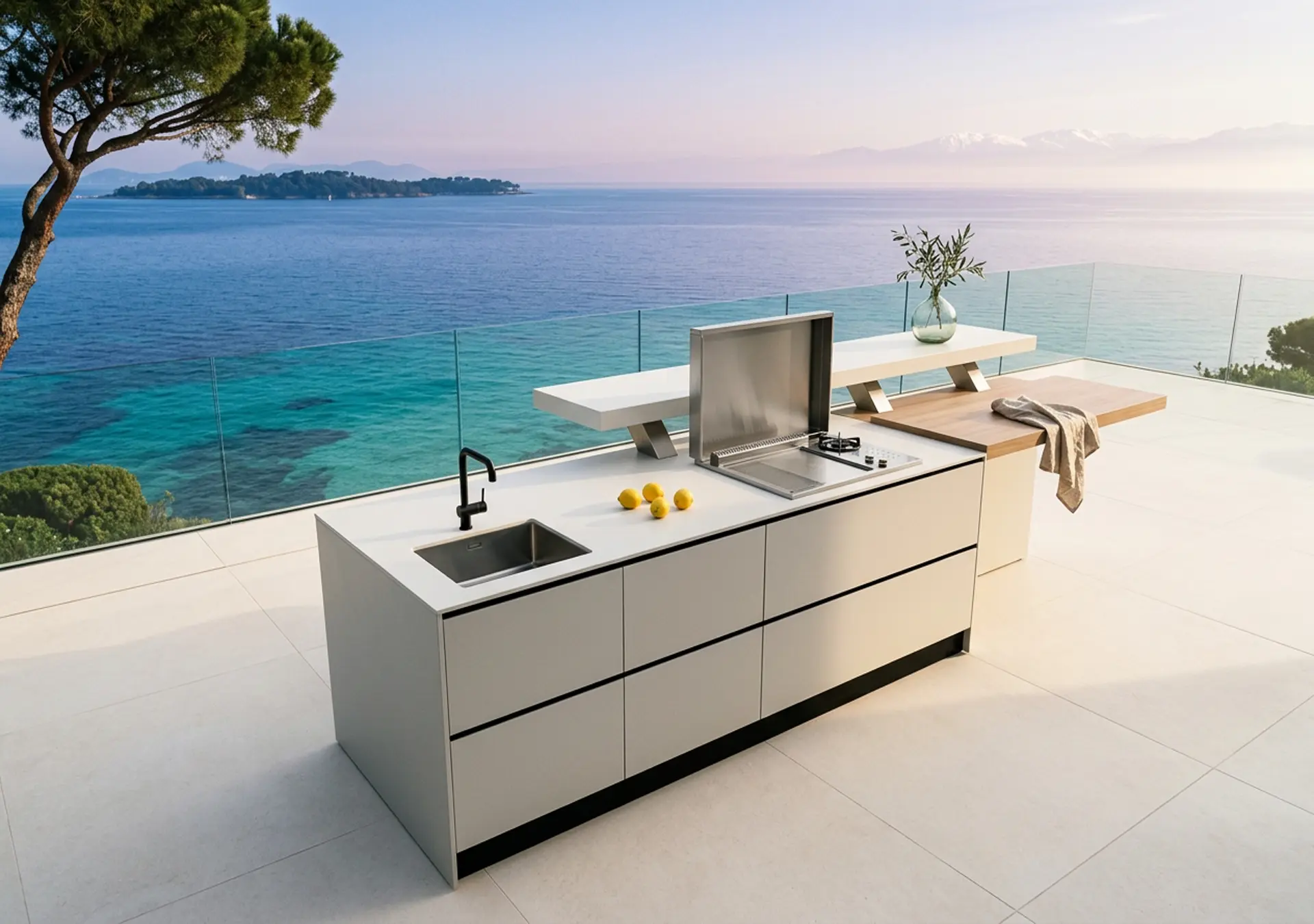 cuisinedété cuisine d'été extérieure avec plancha encastré terrasse vue mer Antibes Alpes Maritimes