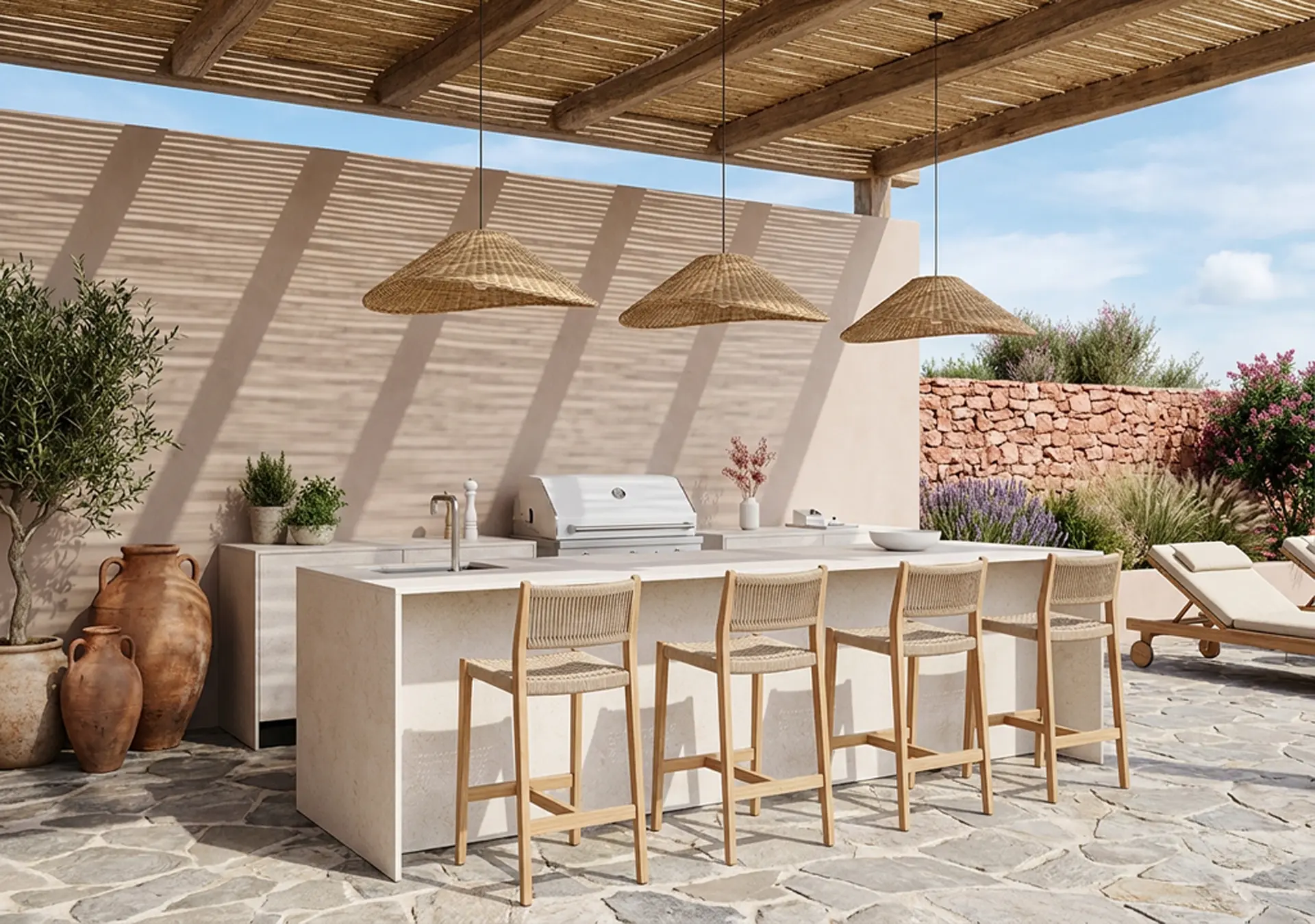 cuisinedété cuisine d'été extérieur couverte avec barbecue bbq friteuse comptoir bar pergola terrasse Saint-Tropez Alpes Maritimes