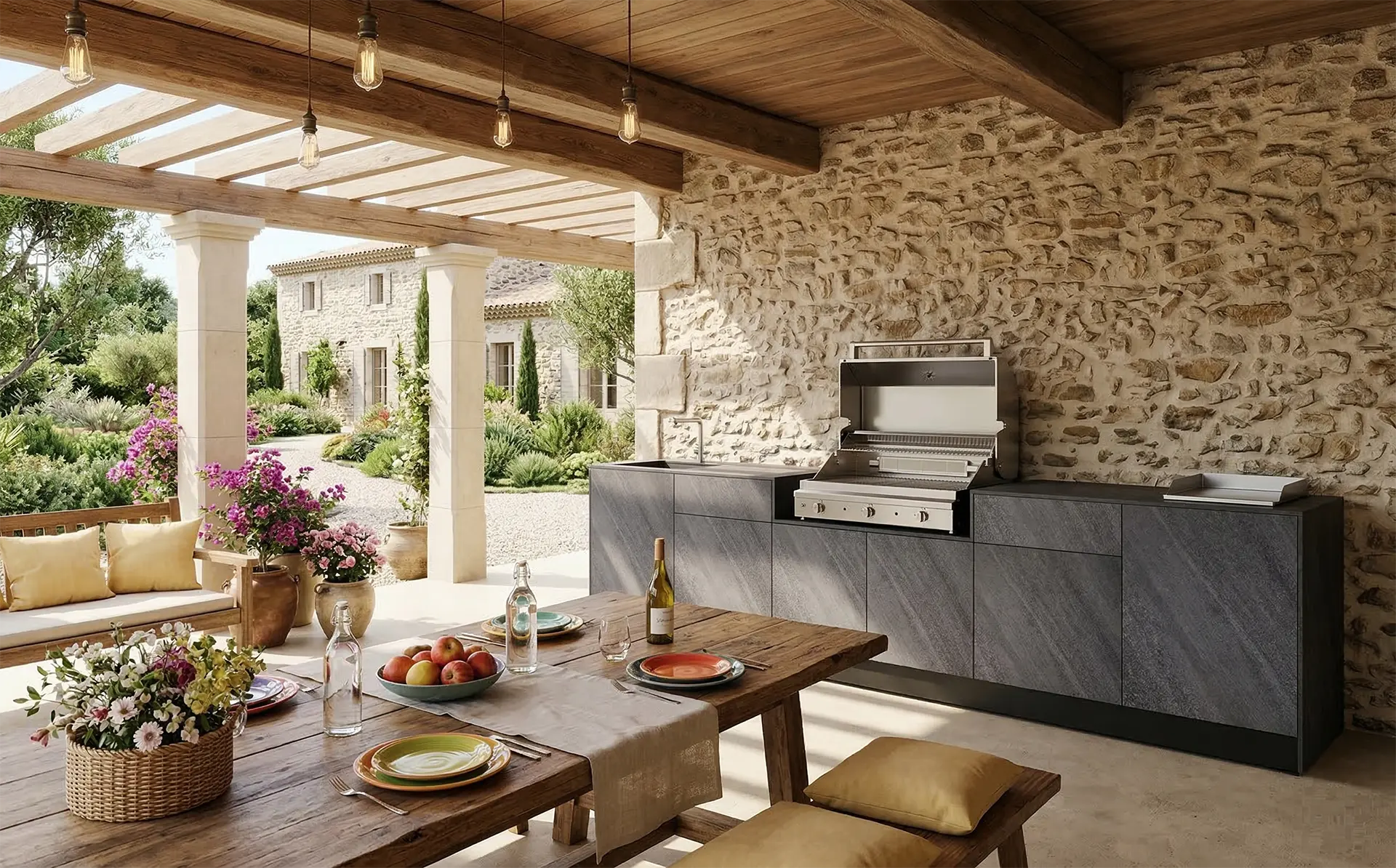 cuisine d'ete exterieure avec barbecue à gaz bbq plancha aix en provence Provence Alpes Cote d'azur