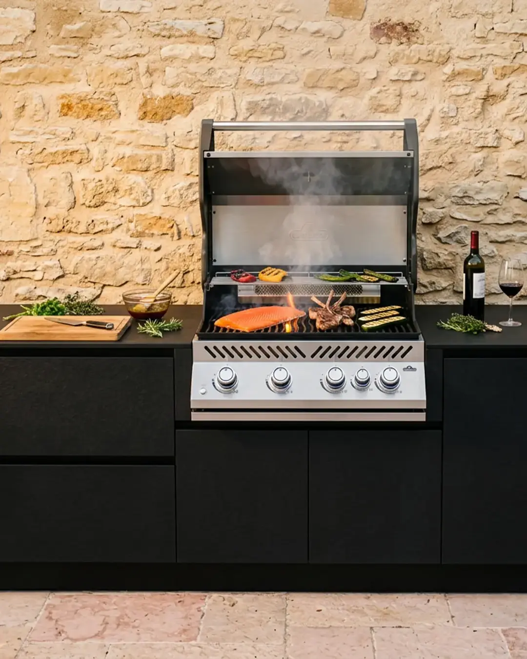 cuisinedete-cuisine-exterieure-avec-barbecue-gaz-encastre-portrait cuisinedété cuisine d'été extéreiure avec barbecue à gaz bbq grill Napoleon encastré