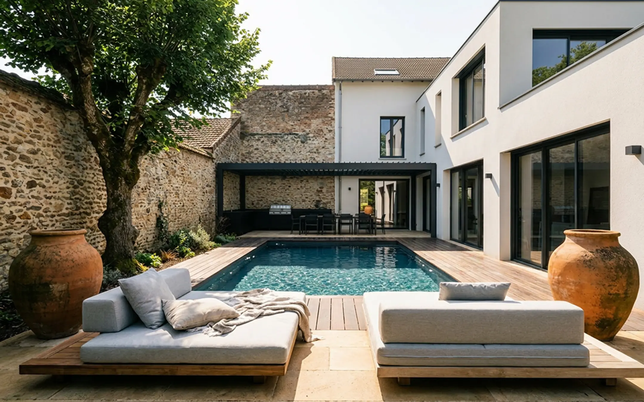 cuisinedete cuisine d'été extérieure haut de gamme avec barbecue BBQ à poser évier mitigeur céramique terrasse piscine pergola Île de France