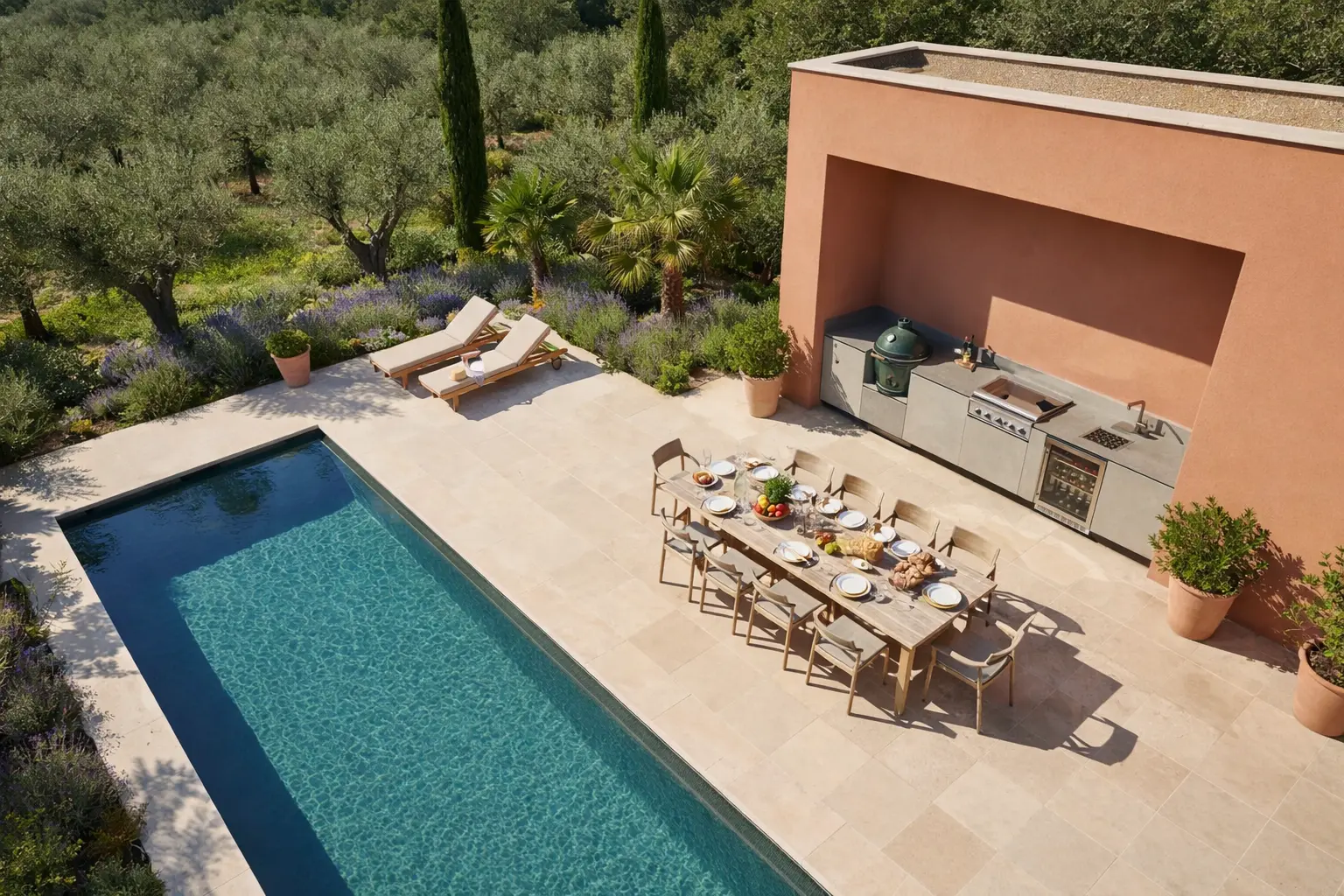 cuisinedété cuisine extérieure d'été avec plancha kamado BBQ barbecue réfrigérateur extérieur pool house terrasse piscine extérieure Aix en Provence Bouches du Rhône