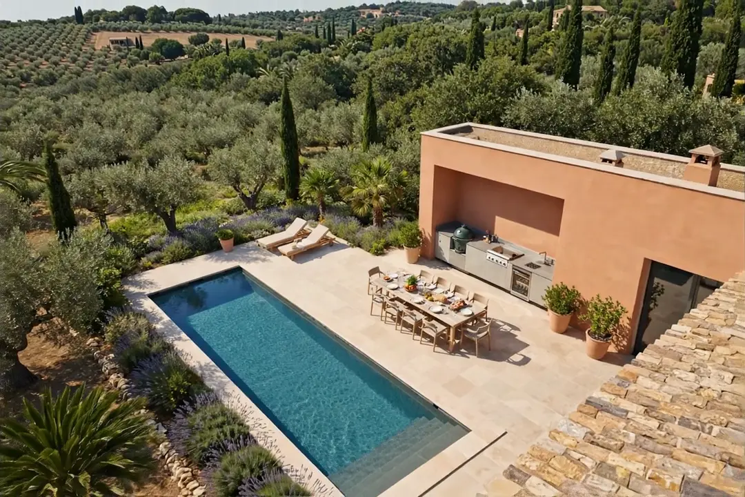 cuisinedété cuisine d'extérieur d'été avec plancha kamado BBQ barbecue frigo pool house aménagement extérieur Aix en Provence Bouches du Rhône