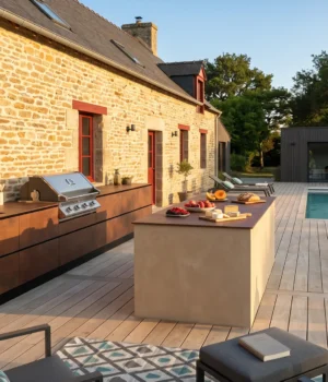 cuisinedété cuisine extérieure d'été avec barbecue à gaz Napoleon avec îlot bar comptoir terrasse piscine Lorient Morbihan Bretagne