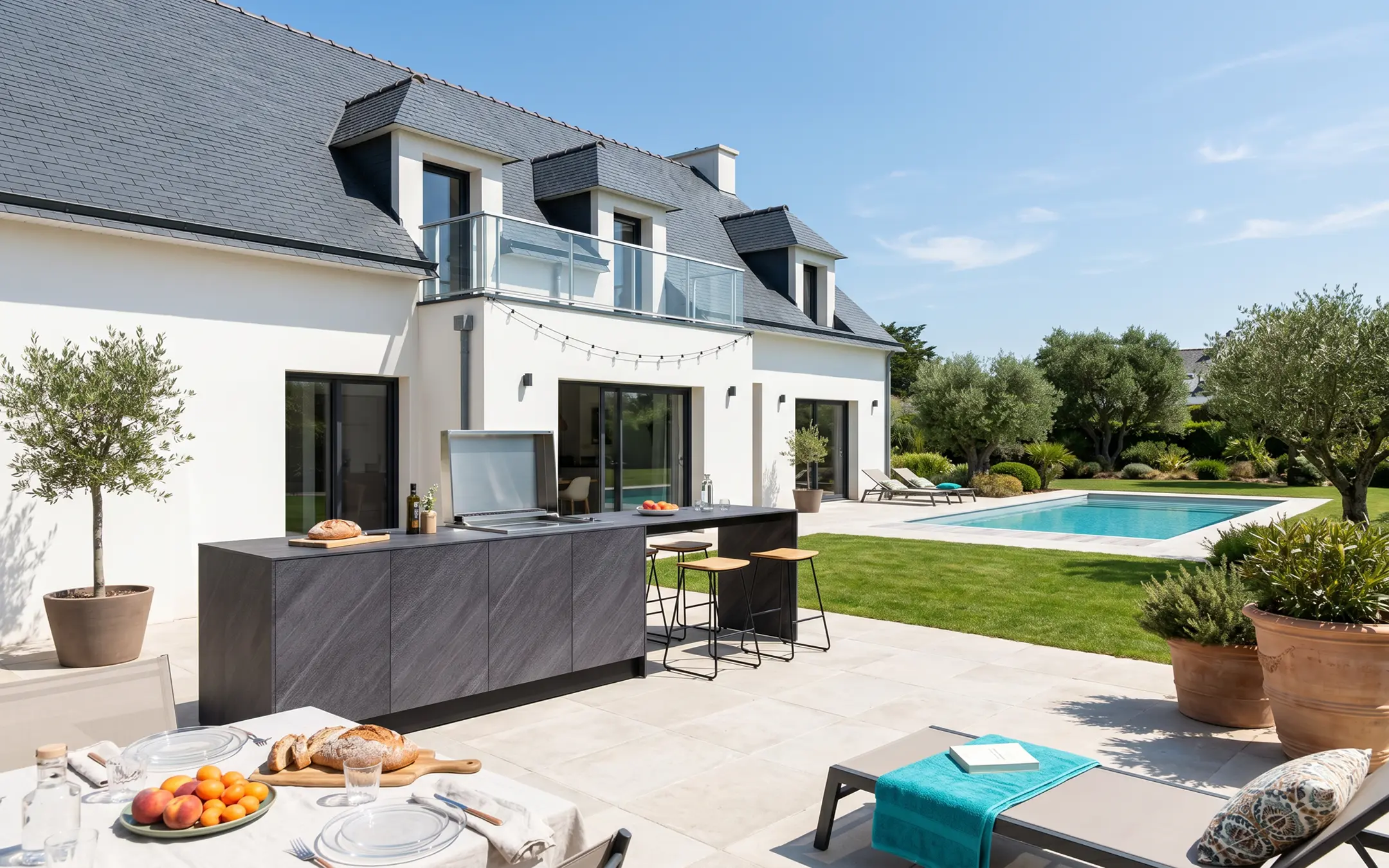 cuisinedété cuisine d'été extérieur avec bar comptoir ilot plancha encastré terrasse piscine Lorient Morbihan Bretagne