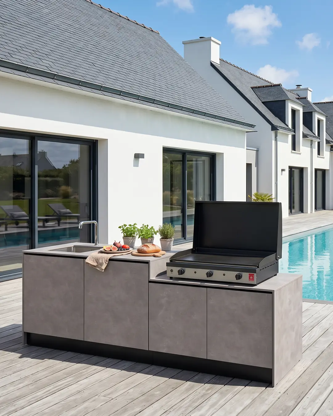 cuisinedete cuisine d'extérieur avec plancha à poser compact haut de gamme terrasse piscine Lorient Morbihan Bretagne