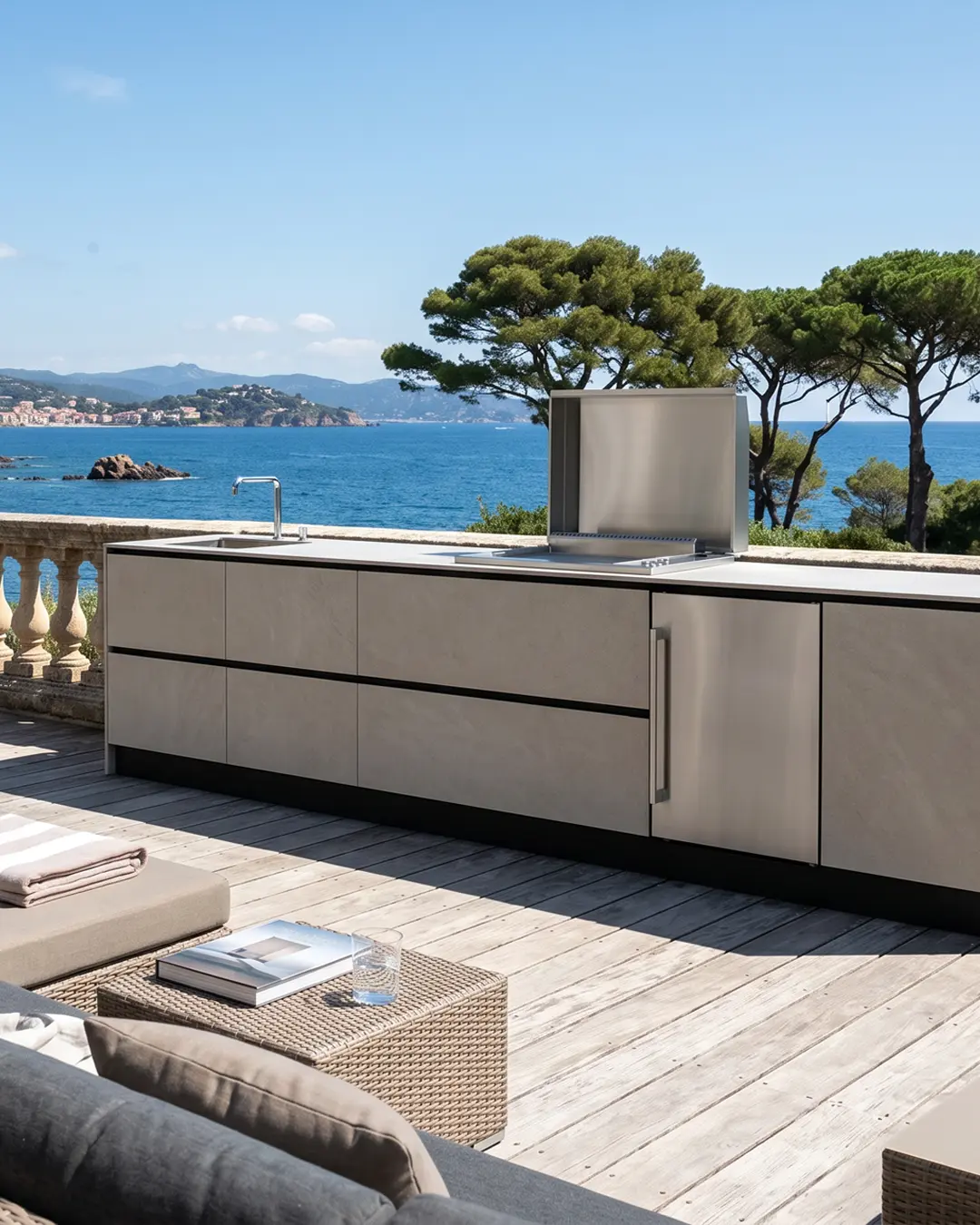 cuisinedété cuisine extérieur été avec plancha encastrée réfigérateur frigo Frigelux évier mitigeur terrasse vue mer Toulon Var