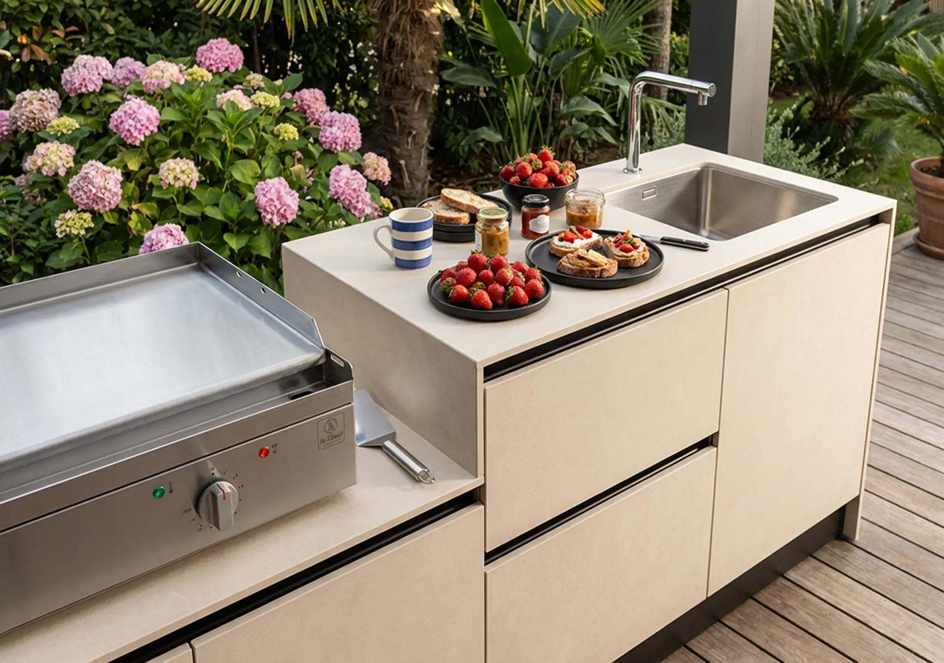 cuisinedete belharra cuisine extérieur céramique avec plancha à poser friteuse encastré évier mitigeur inox