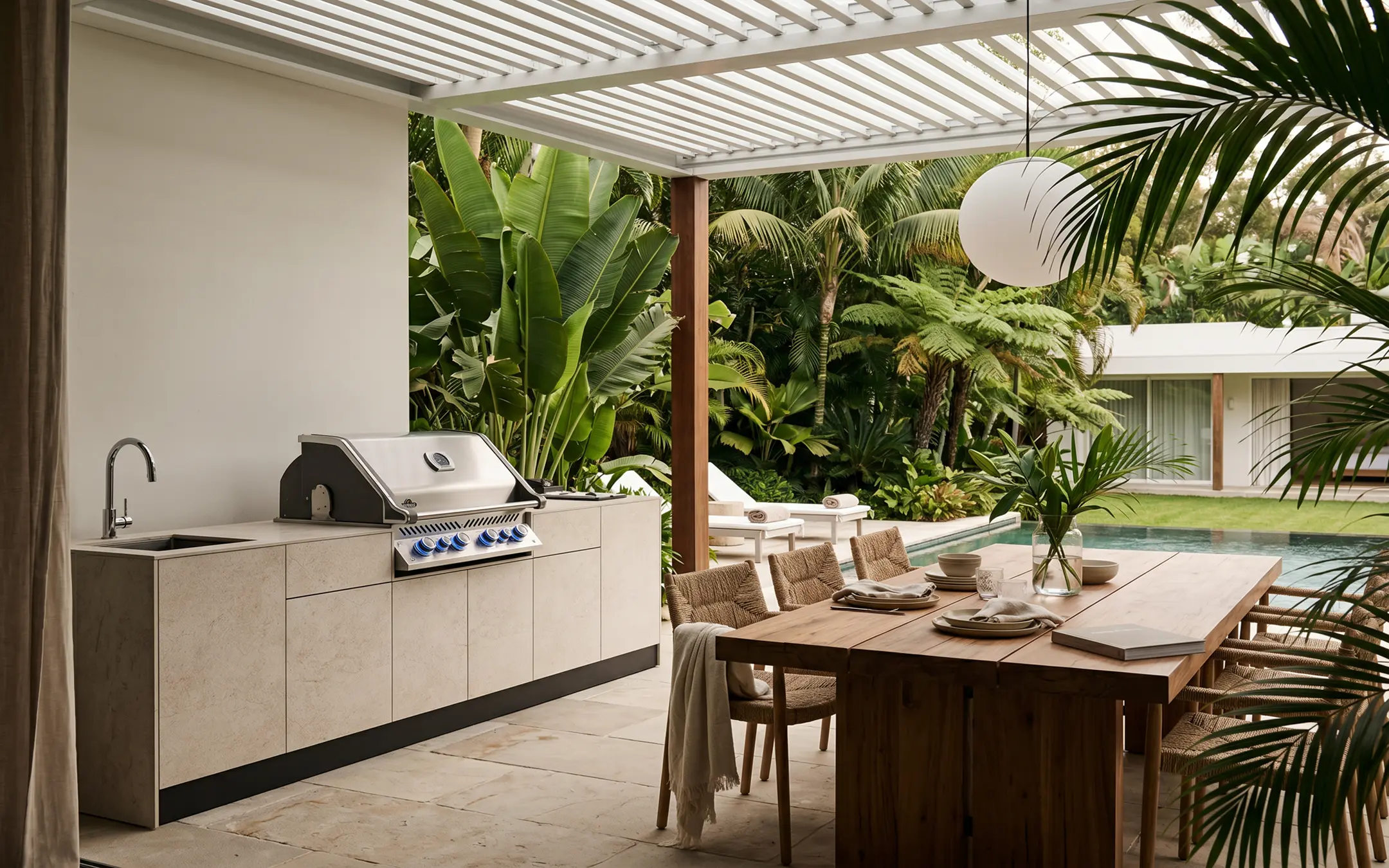 cuisinedete cuisine extérieure barbecue napoleon friteuse pergola piscine villa maison saint barthelemy