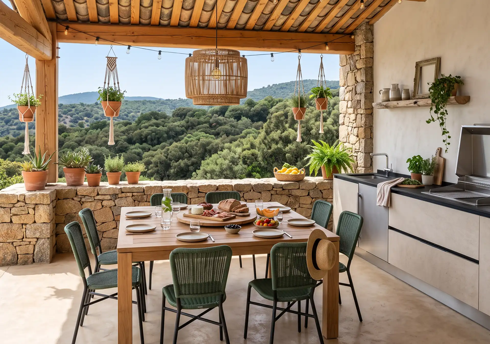 cuisinedété cuisine déextérieure sur mesure avec bbq encastrée intégré smeg réfirgérateur extérieur évier mitigeur terrasse table à manger psicine la roche sur yon Vendée Pays de la loire